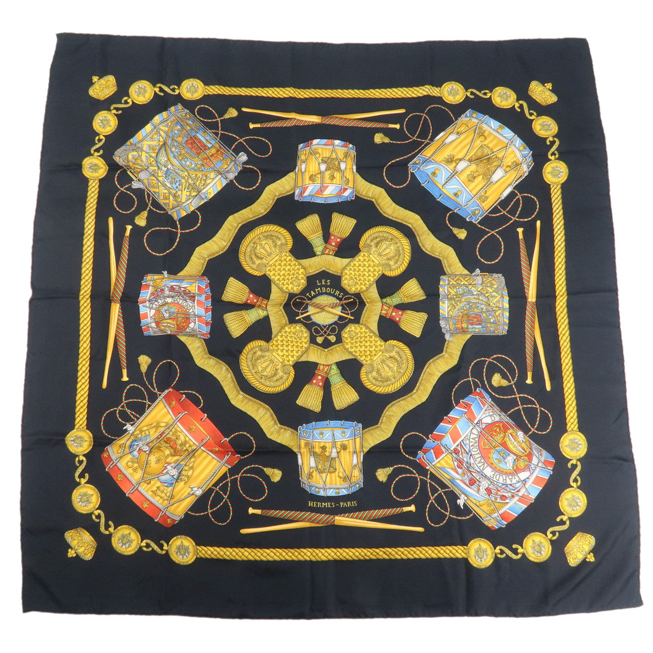 HERMES Carre 90 Silk 100% Scarf LES TAMBOURS Black Multicolor Used