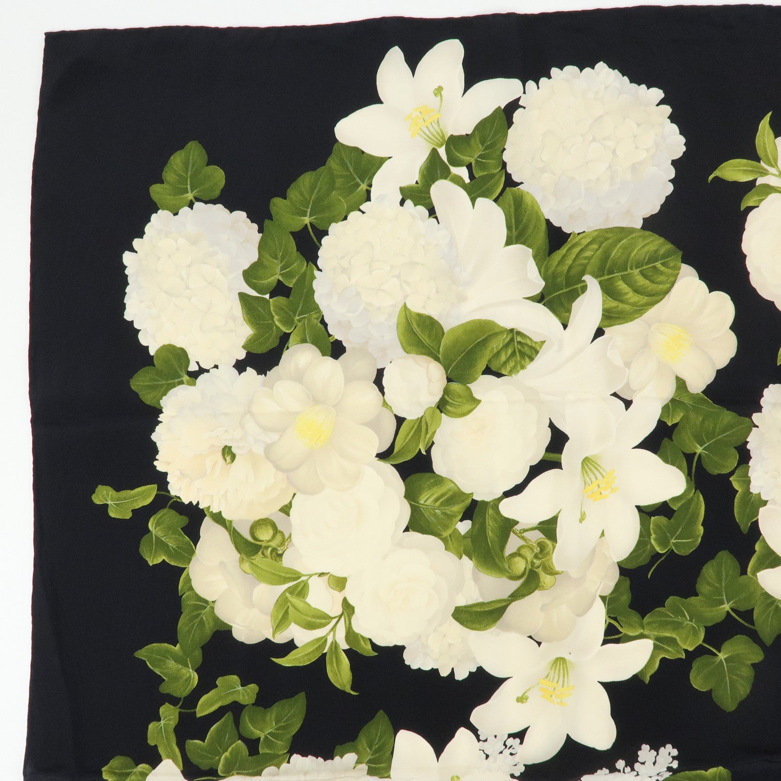 CHANEL Silk 100% Vintage Scarf Flower Print Black White
