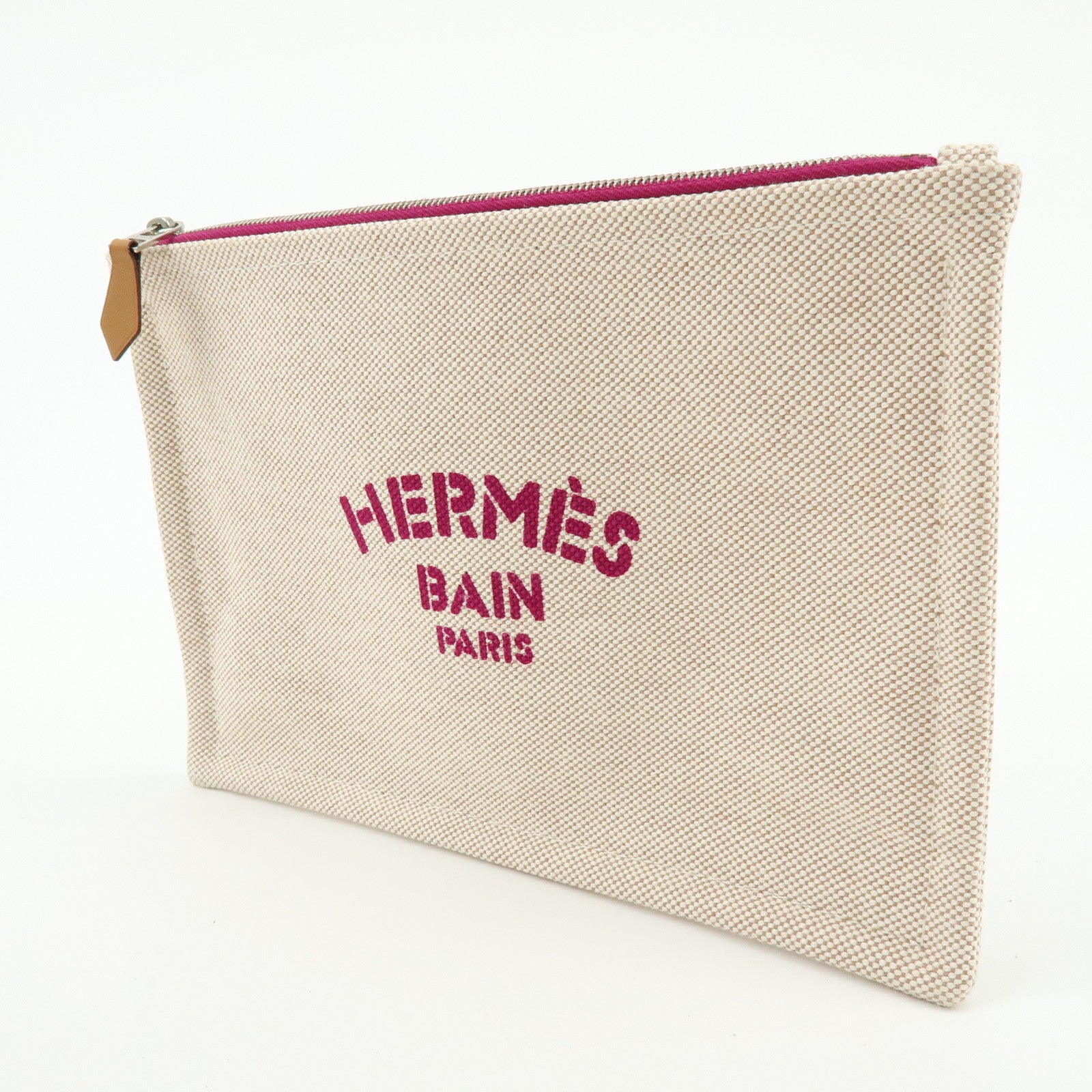 HERMES New Yachting PM Canvas Leather Flat Pouch Beige Purple