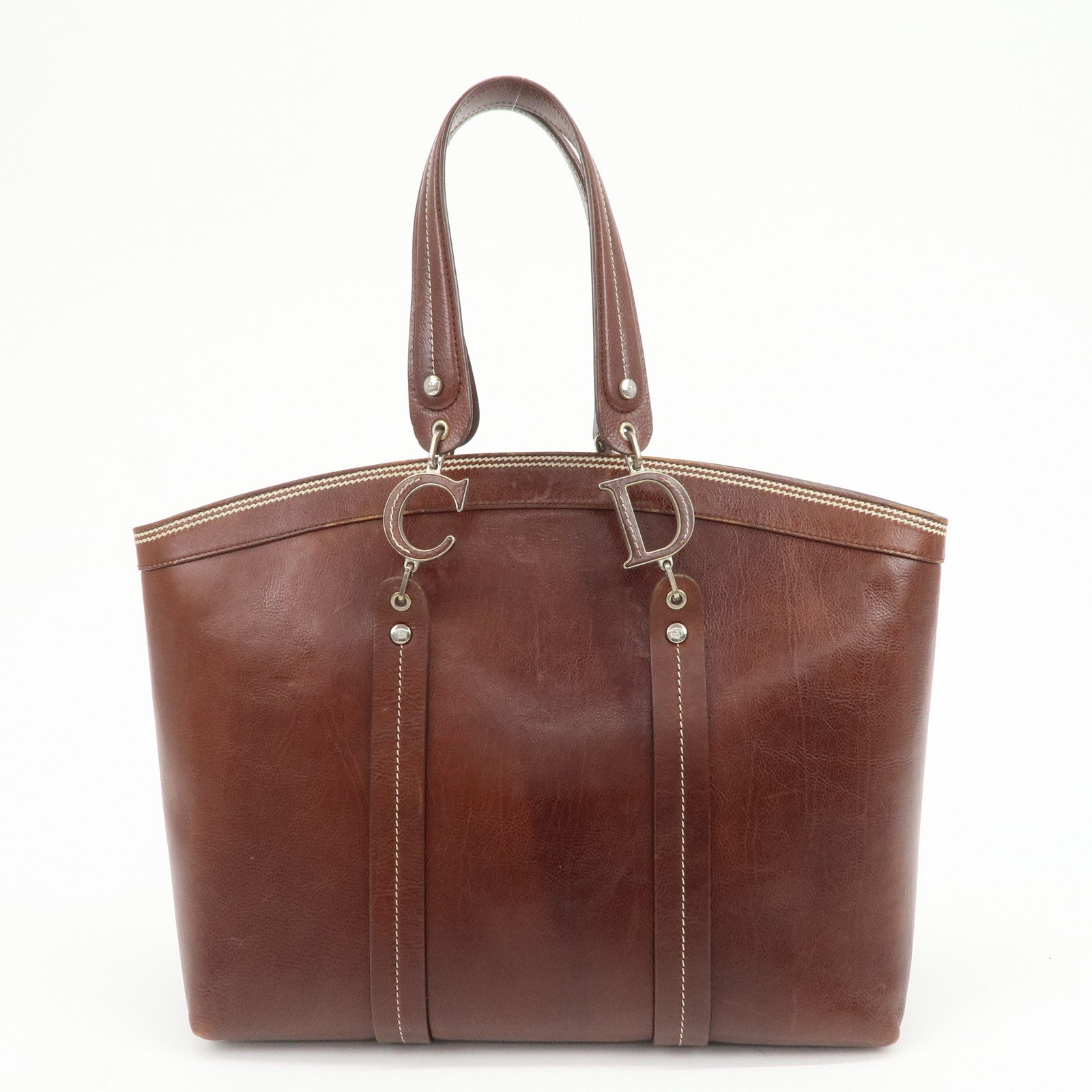 Christian Dior Leather Flower Embroidery Tote Shoulder Bag Brown