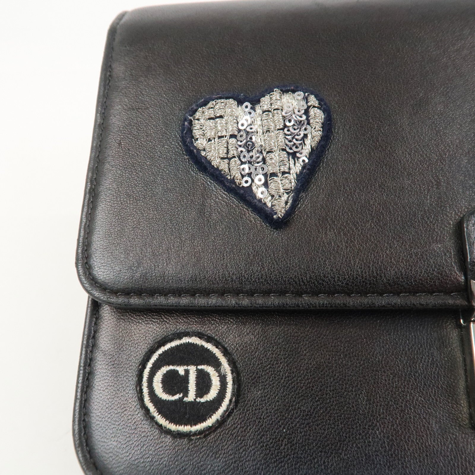 Christian Dior Leather Chain Shoulder Bag Heart Embroidery Black