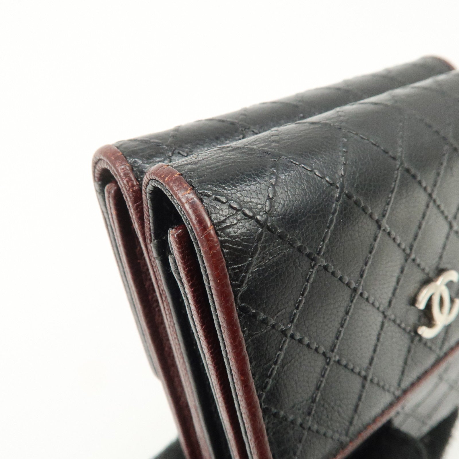 CHANEL Bicolore W Hook Leather Compact Wallet Black A33910 Used