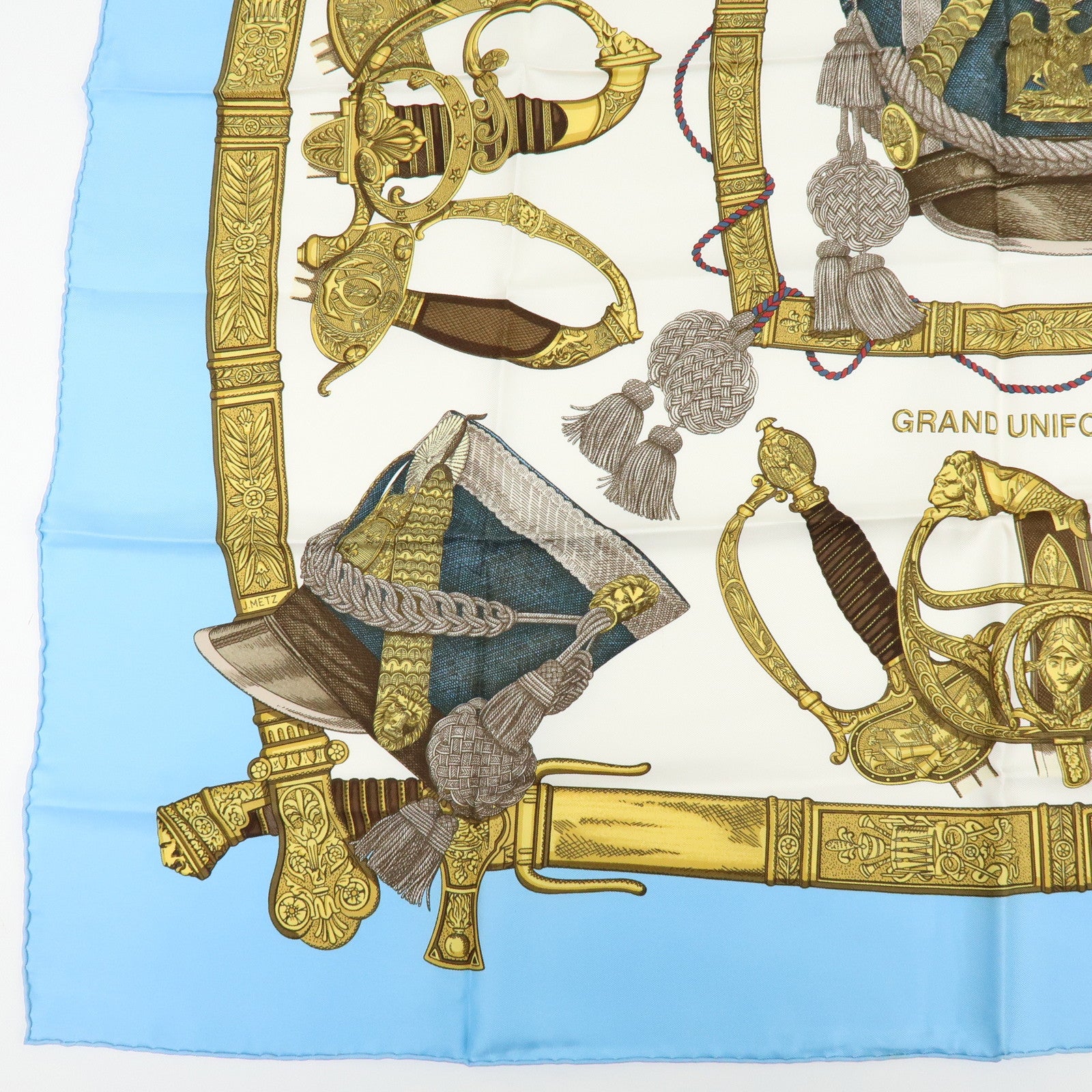 HERMES Carre 90 Silk 100% Scarf GRANDUNIFORM Light Blue Gold