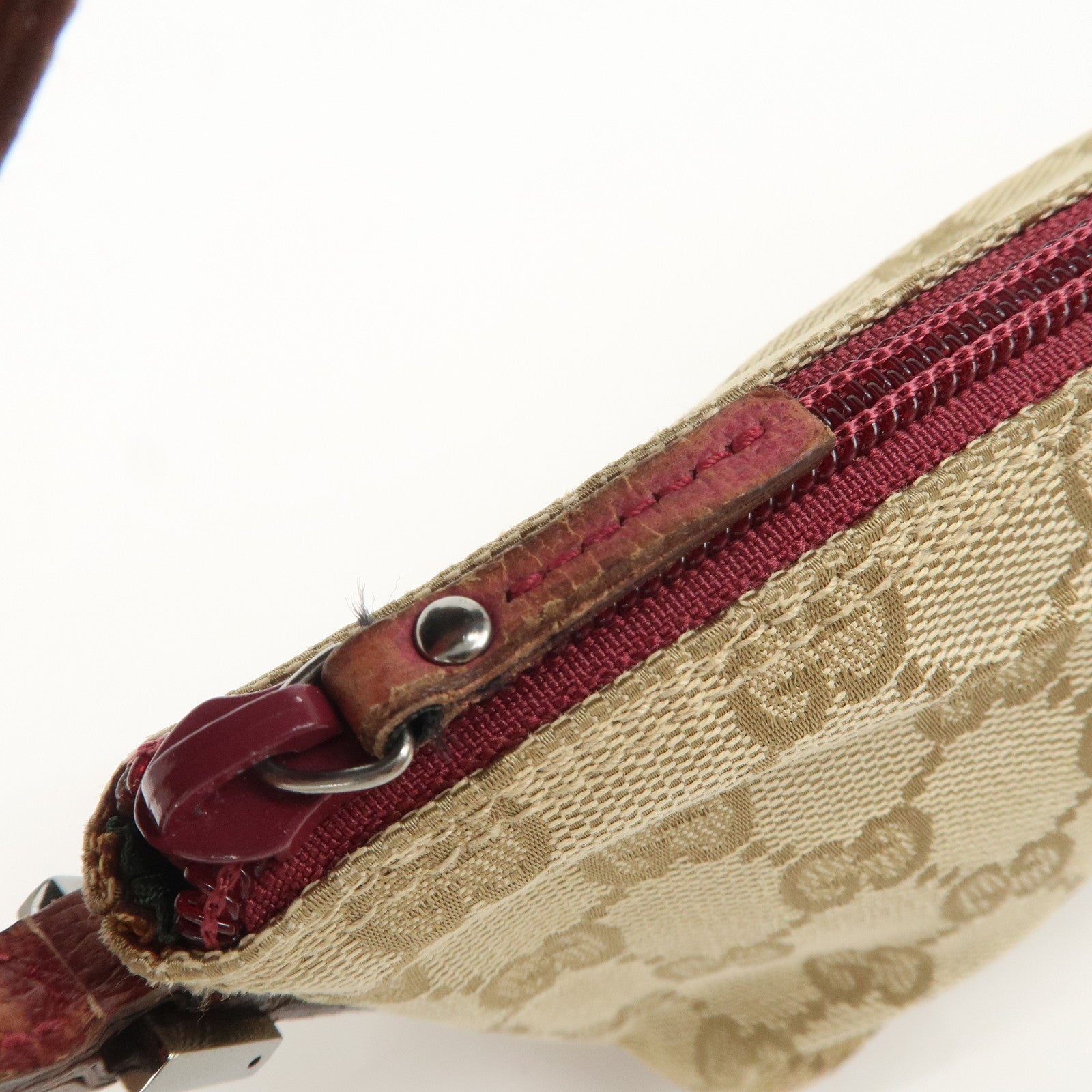 GUCCI Boat Bag GG Canvas Leather Hand Bag Pouch Beige Red 07198