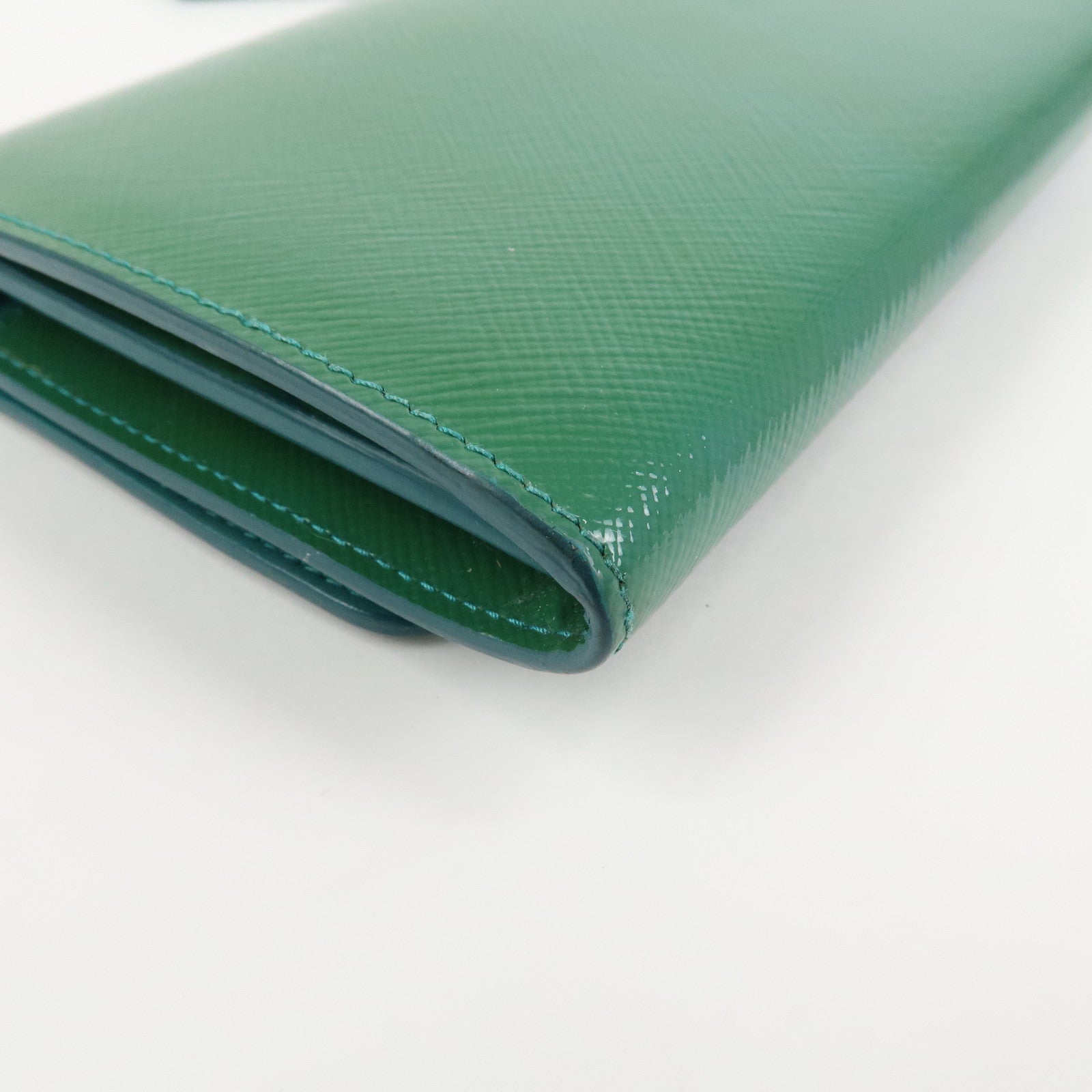 PRADA Triangle Logo Patent Leather Bi-Fold Long Wallet Green