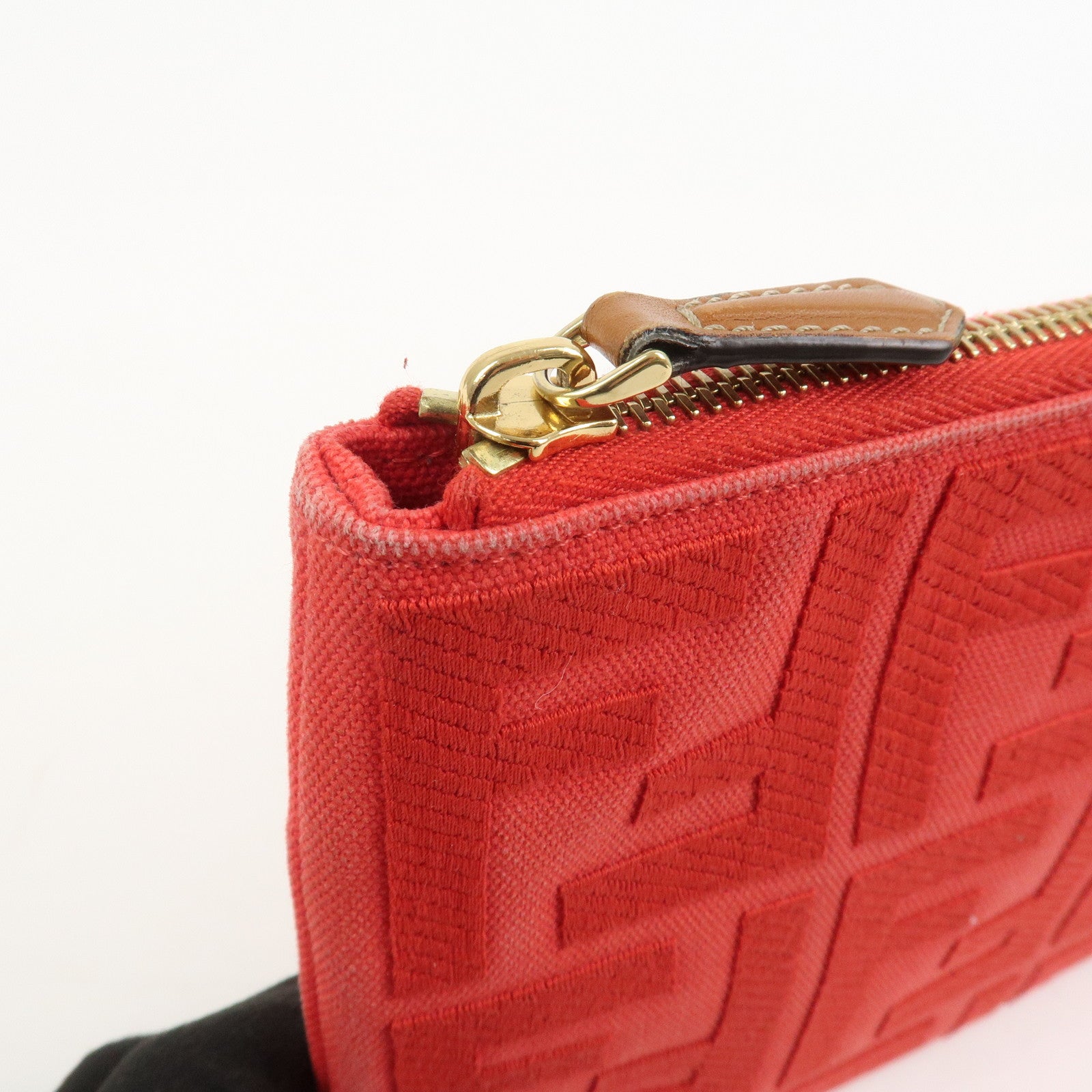 FENDI Zucca Canvas Leather Clutch Bag Cosmetic Bag Red 8N0148