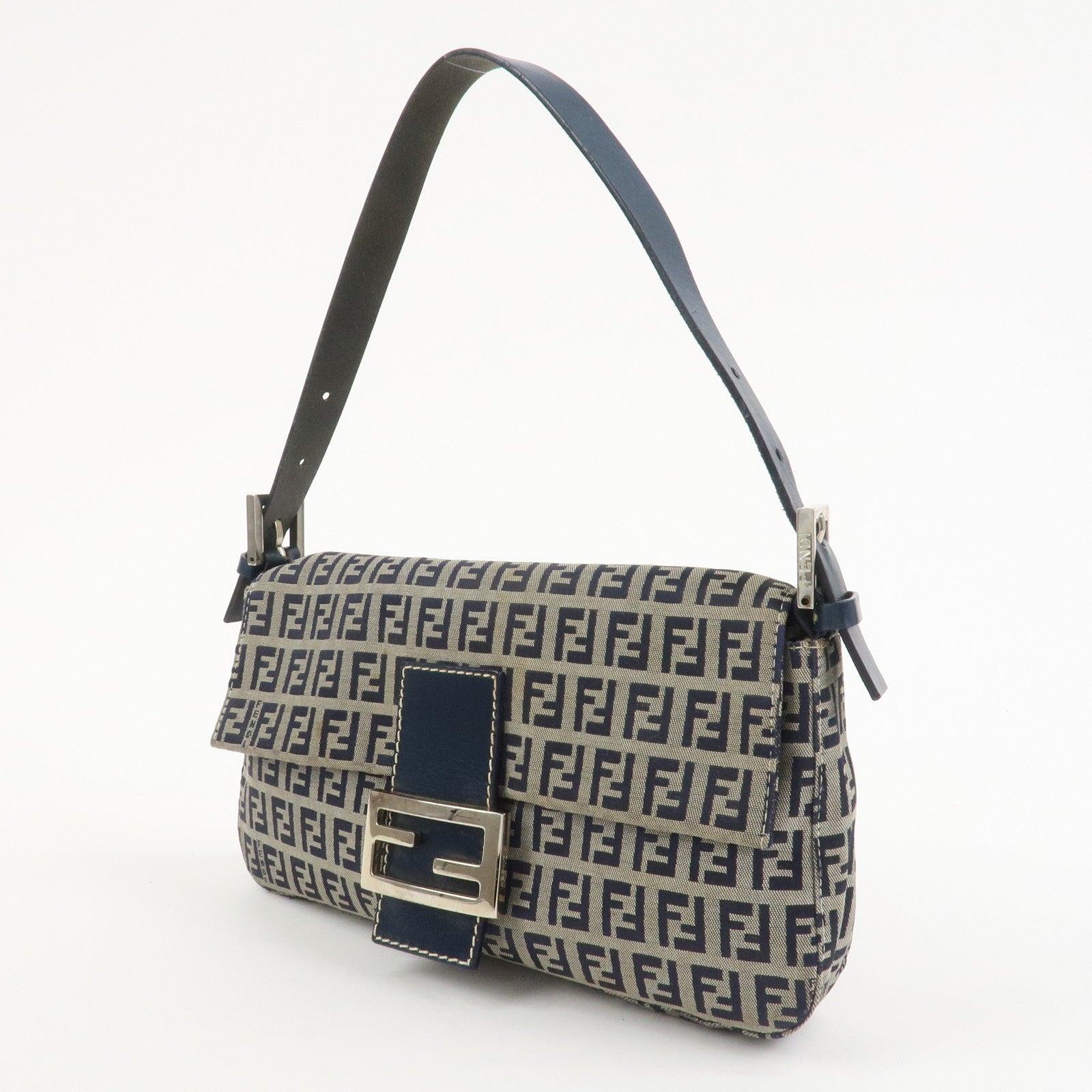 FENDI Mamma Baguette Zucchino Canvas Shoulder Bag Navy 26424