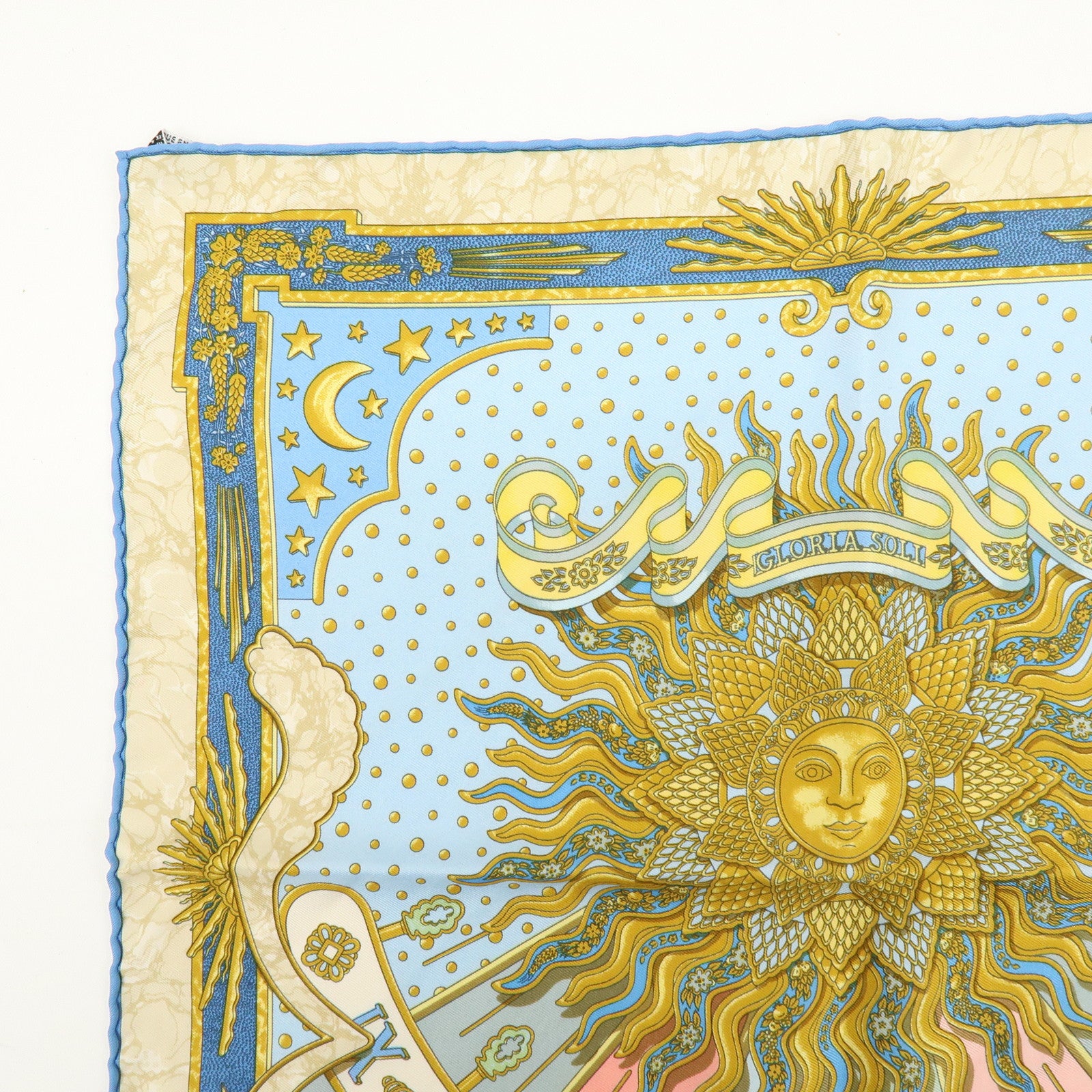 HERMES Carre 40 Silk 100% GLORIA SOLI Scarf Light Blue Gold