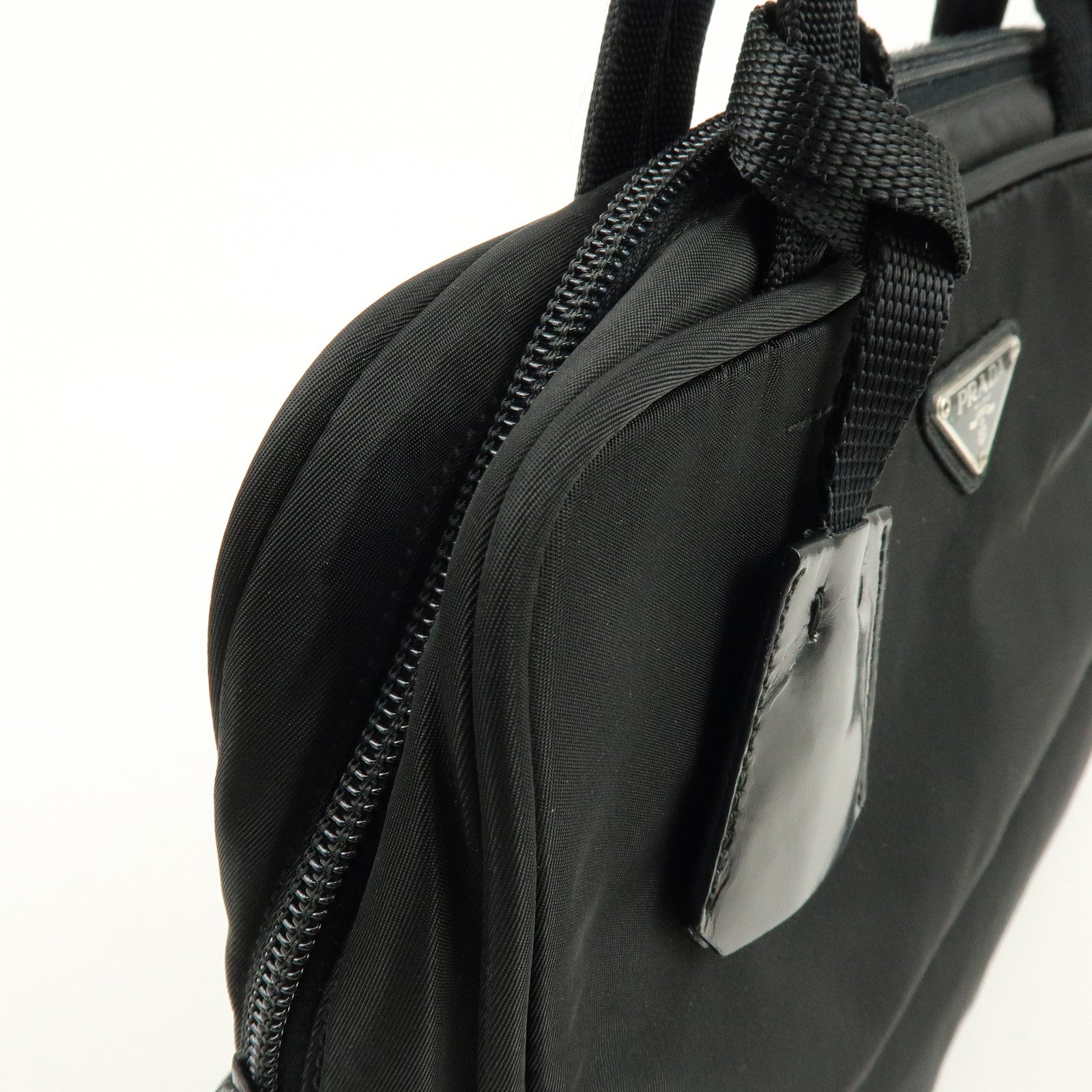 PRADA Triangle Logo Nylon Leather Hand Bag Tote Bag Black B8495