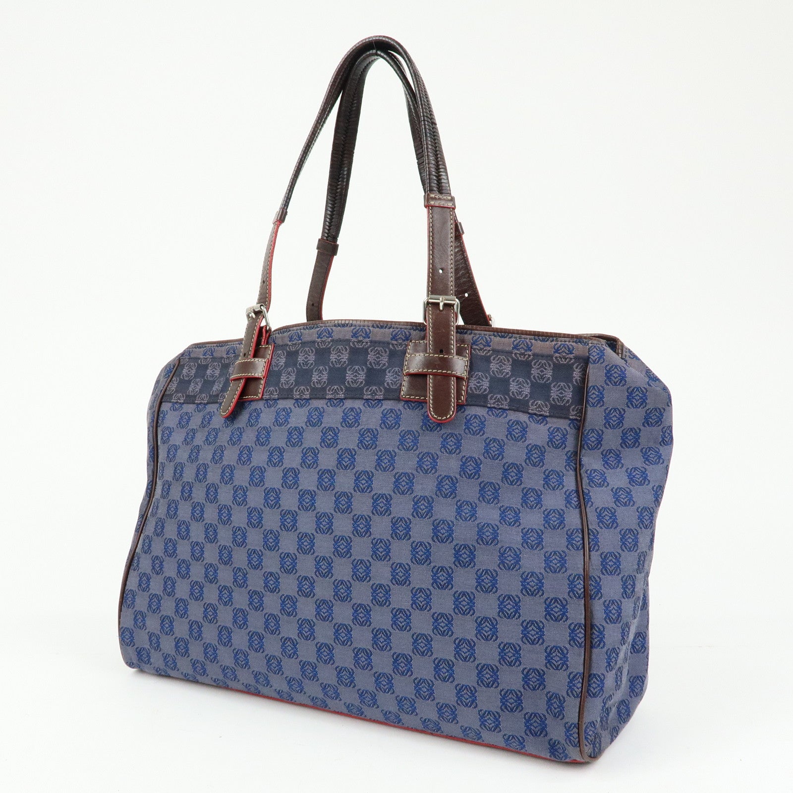 LOEWE Repeat Anagram Canvas Leather Tote Bag Hand Bag Blue Brown