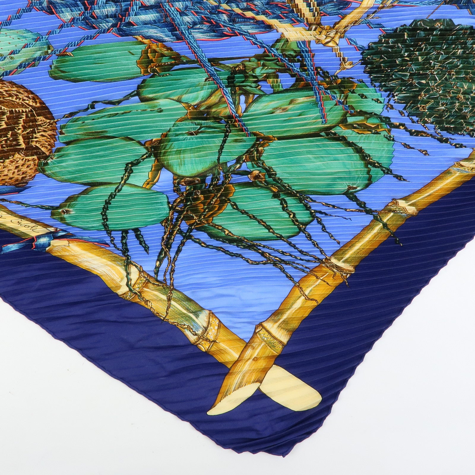 HERMES Pleated Carre 90 Silk 100% Scarf Jardin Creole Navy
