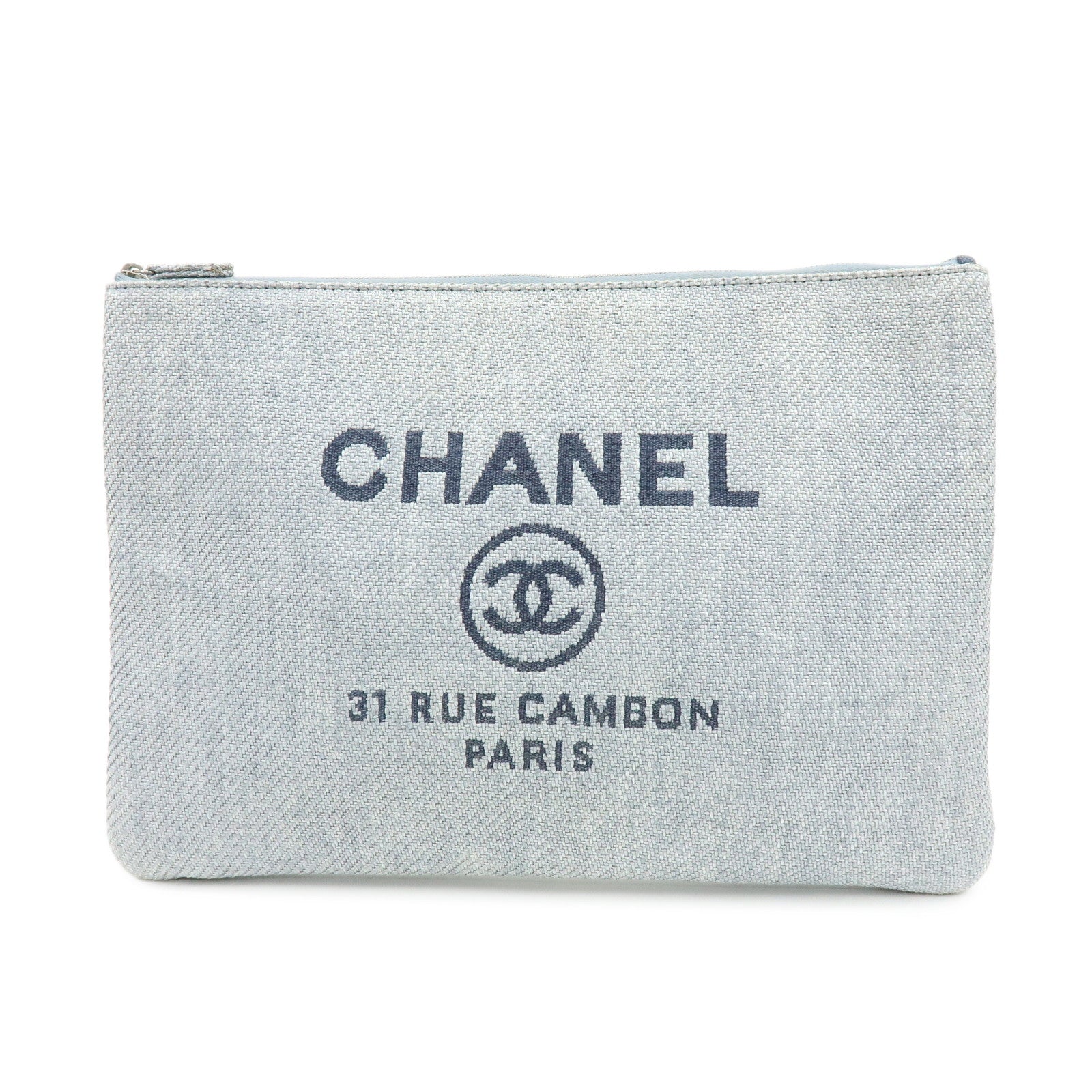 CHANEL Deauville COCO Mark Straw Clutch Bag Pouch Gray A80117