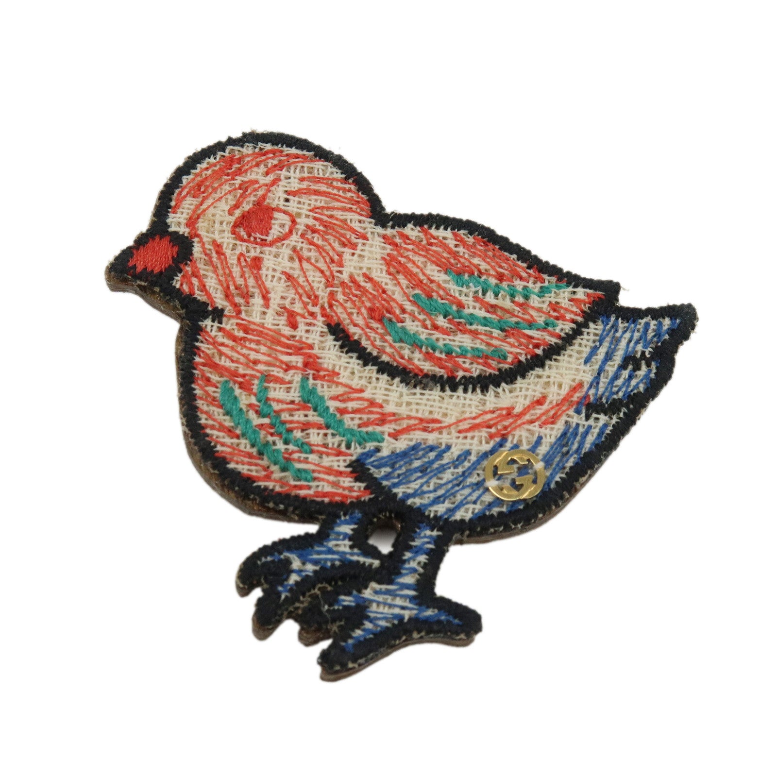 GUCCI Interlocking G Bird Motif Wood Brooch Breast Pin Red Blue