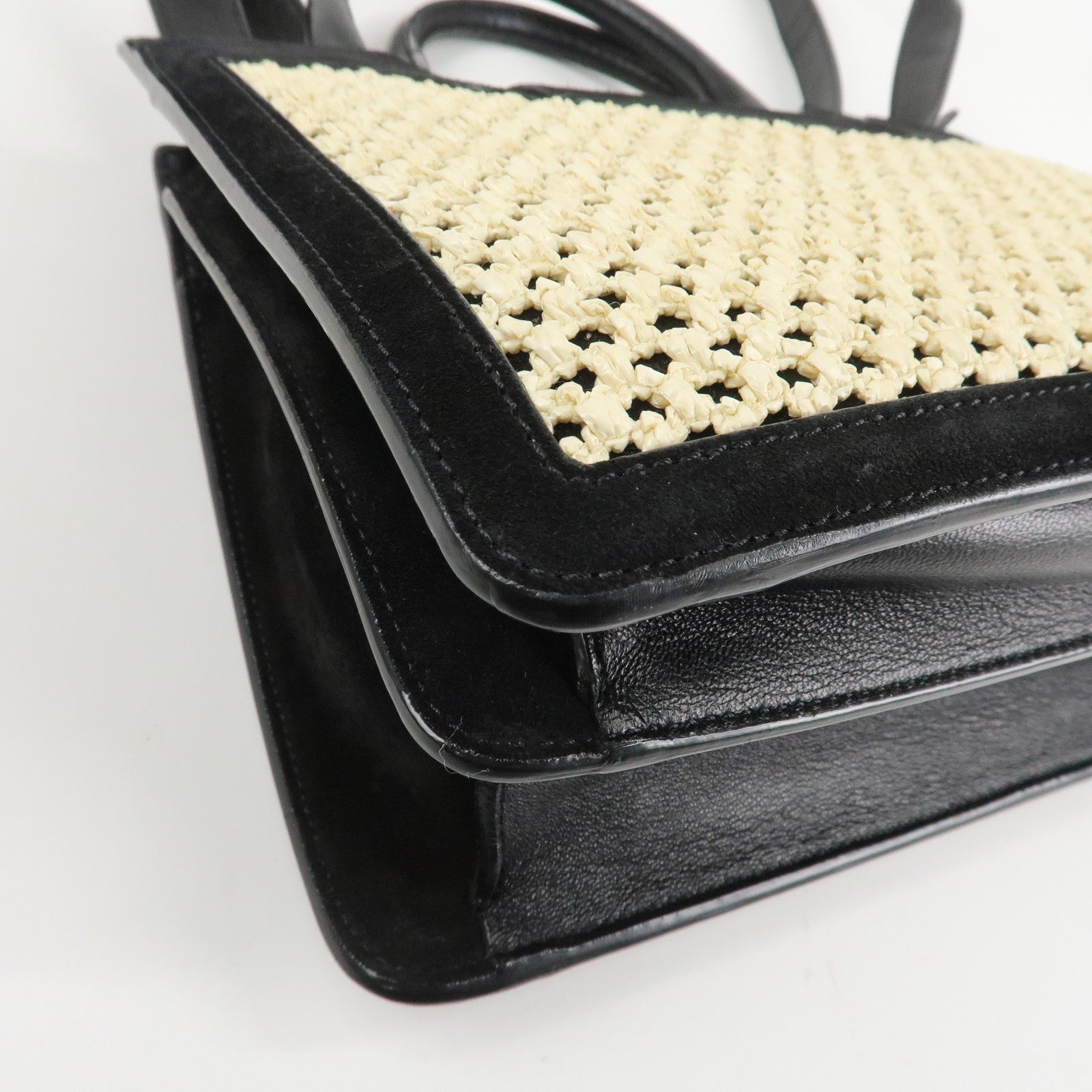 JIMMY CHOO Leather Suede Straw 2WAY Hand Bag Shoulder Bag Black Used