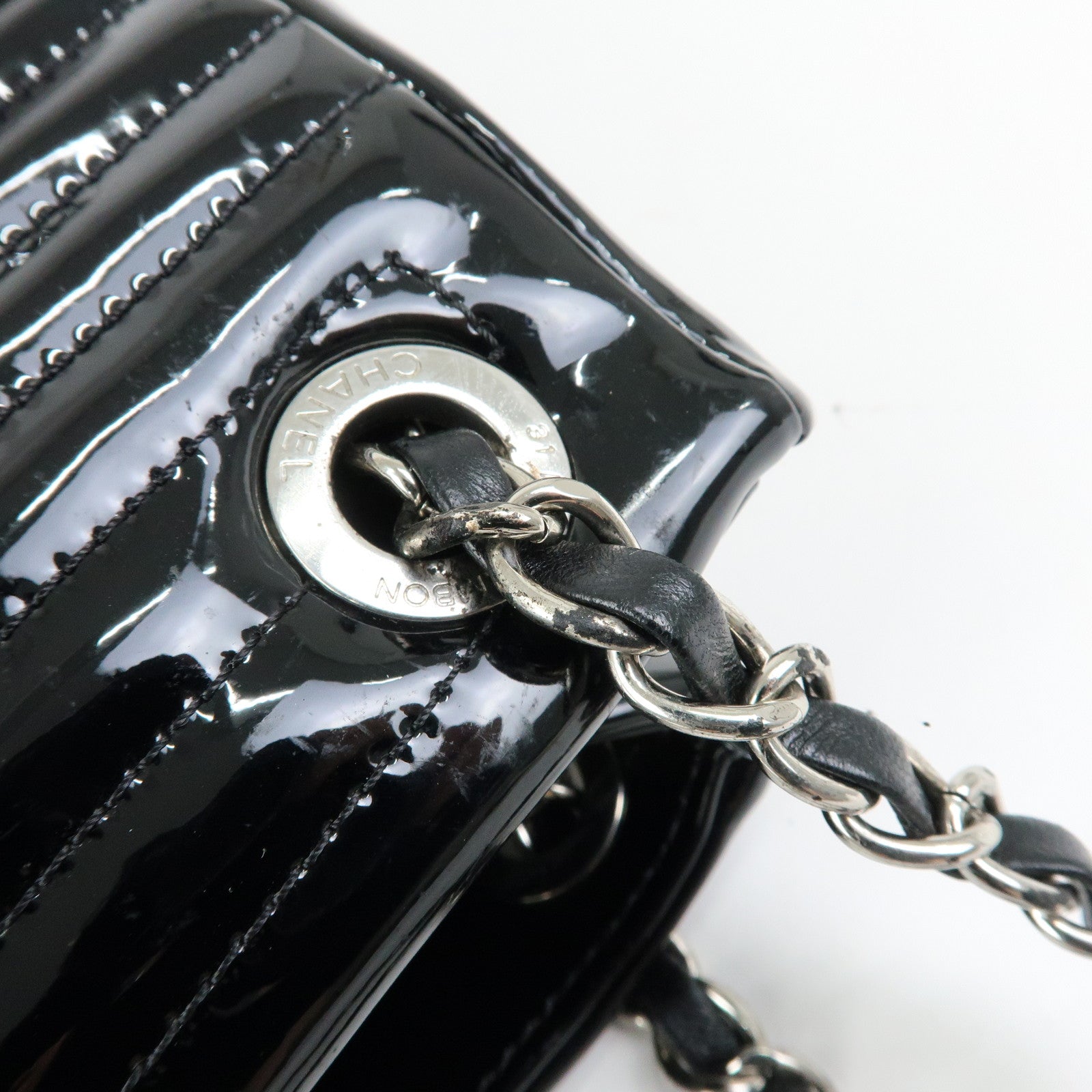 CHANEL COCO Mark Patent Leather Lamb Skin Tote Bag Hand Bag Black