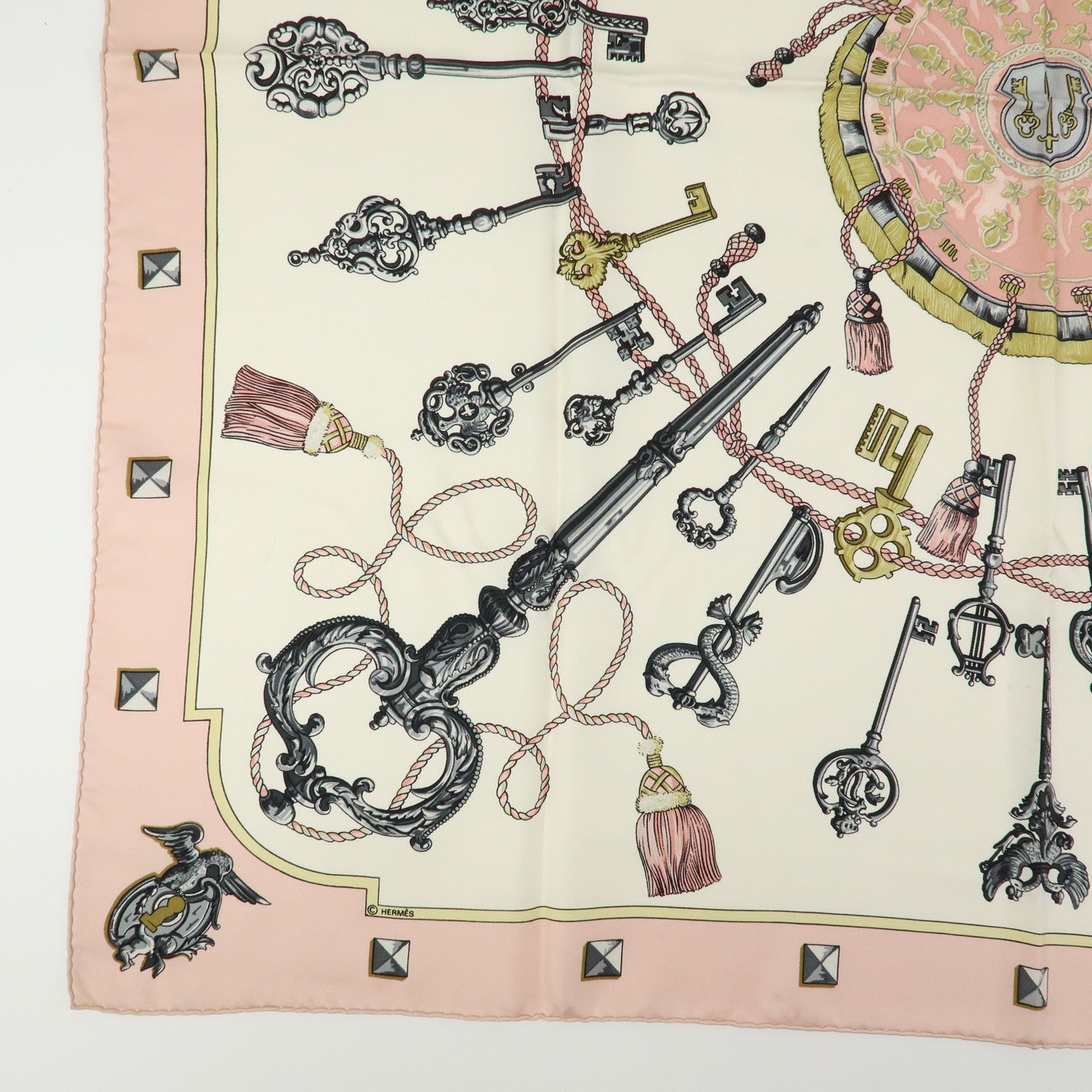 HERMES Carre 90 Silk 100% Scarf LES CLES THE KEYS RARE White Pink
