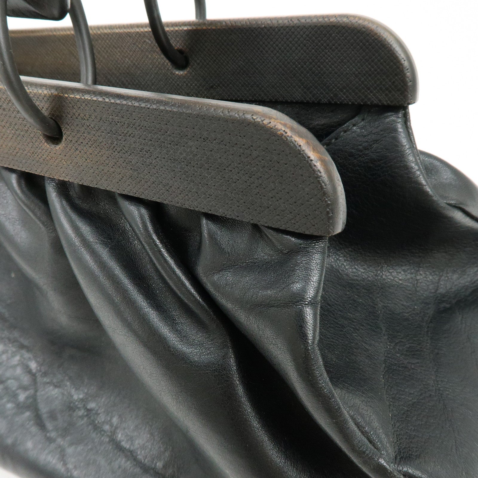 GUCCI Leather Wood Hand Bag Doctor Bag Black 105377