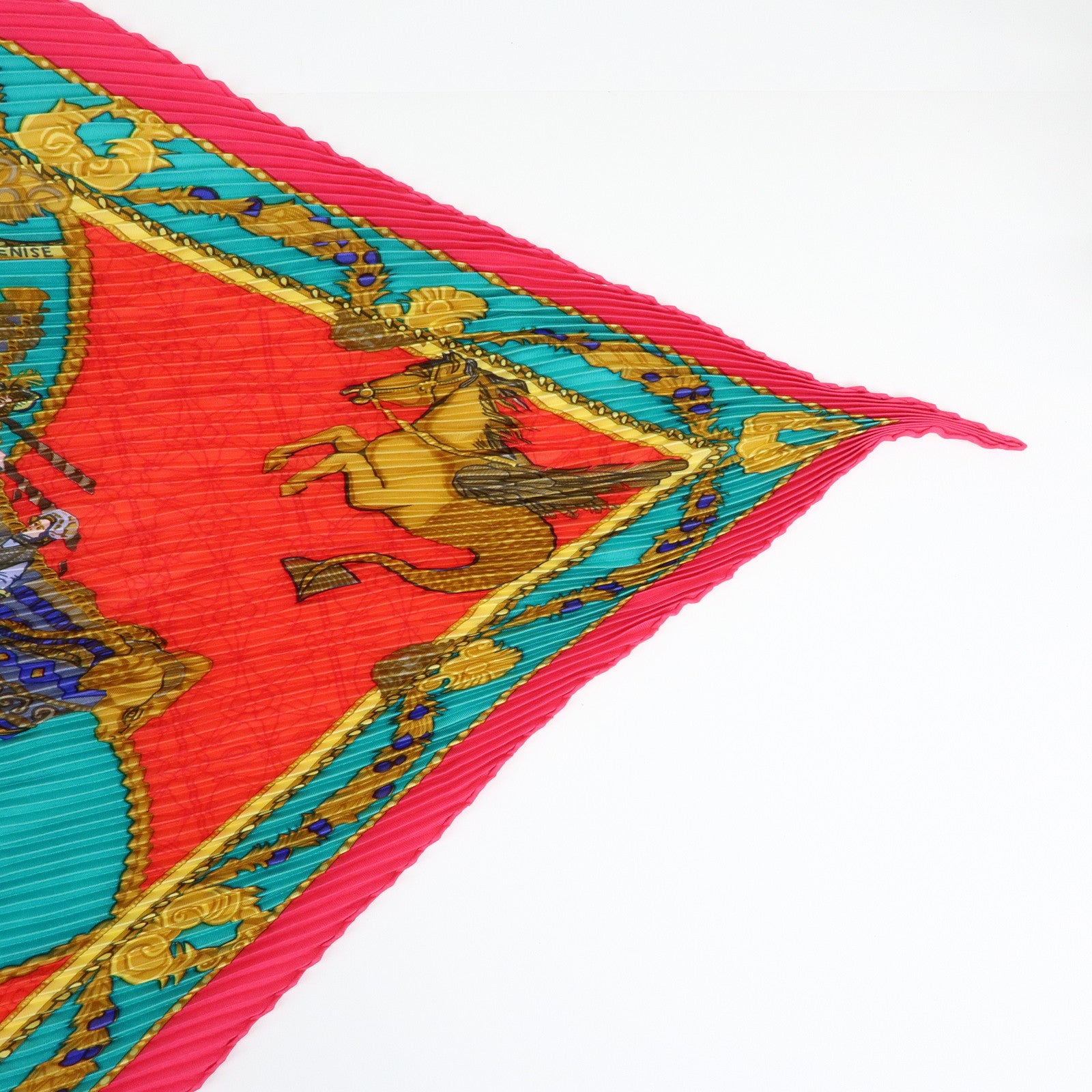 HERMES Pleated Carre 90 Set of 2 Silk 100% Scarf Green Pink