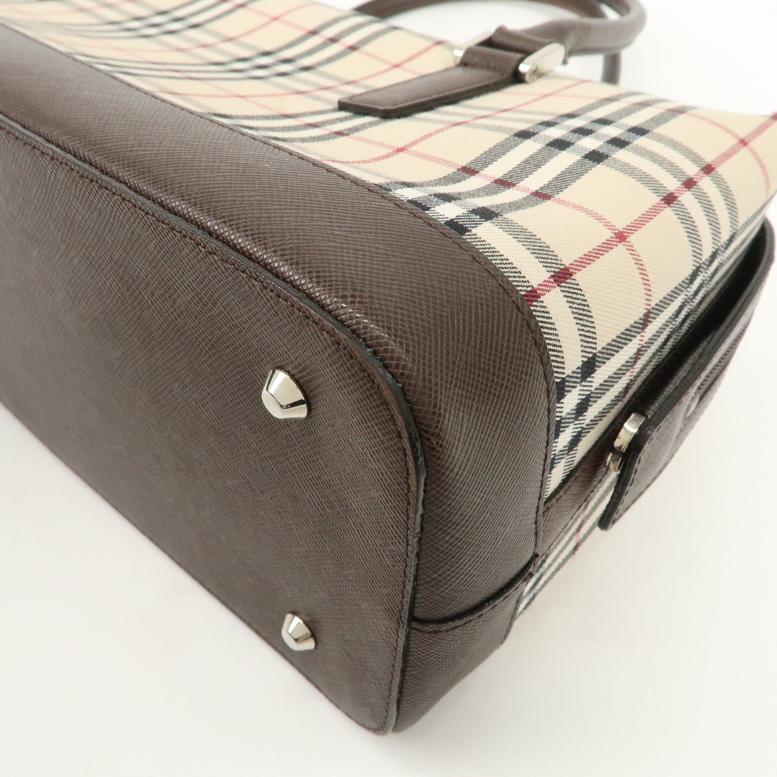 BURBERRY Leather Canvas Boston Bag Hand Bag Nova Plaid Brown Used