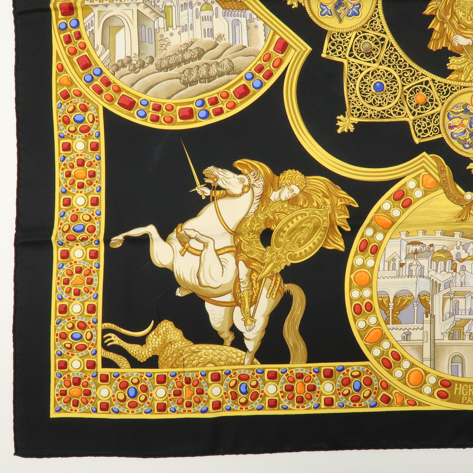 HERMES Carre 90 Silk 100% LE TRIOMPHE DU PALADIN Black Gold