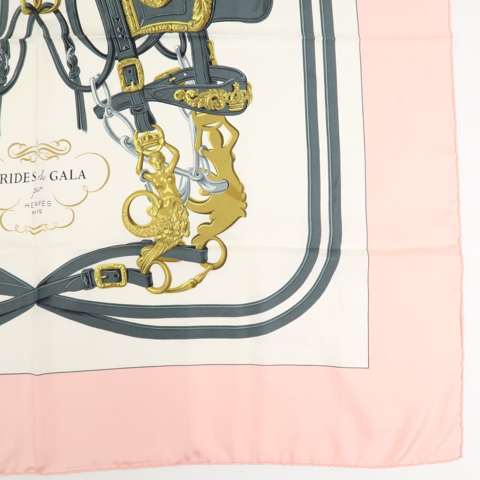 HERMES Carre 90 Silk 100% Scarf BRIDES DE GALA White Pink