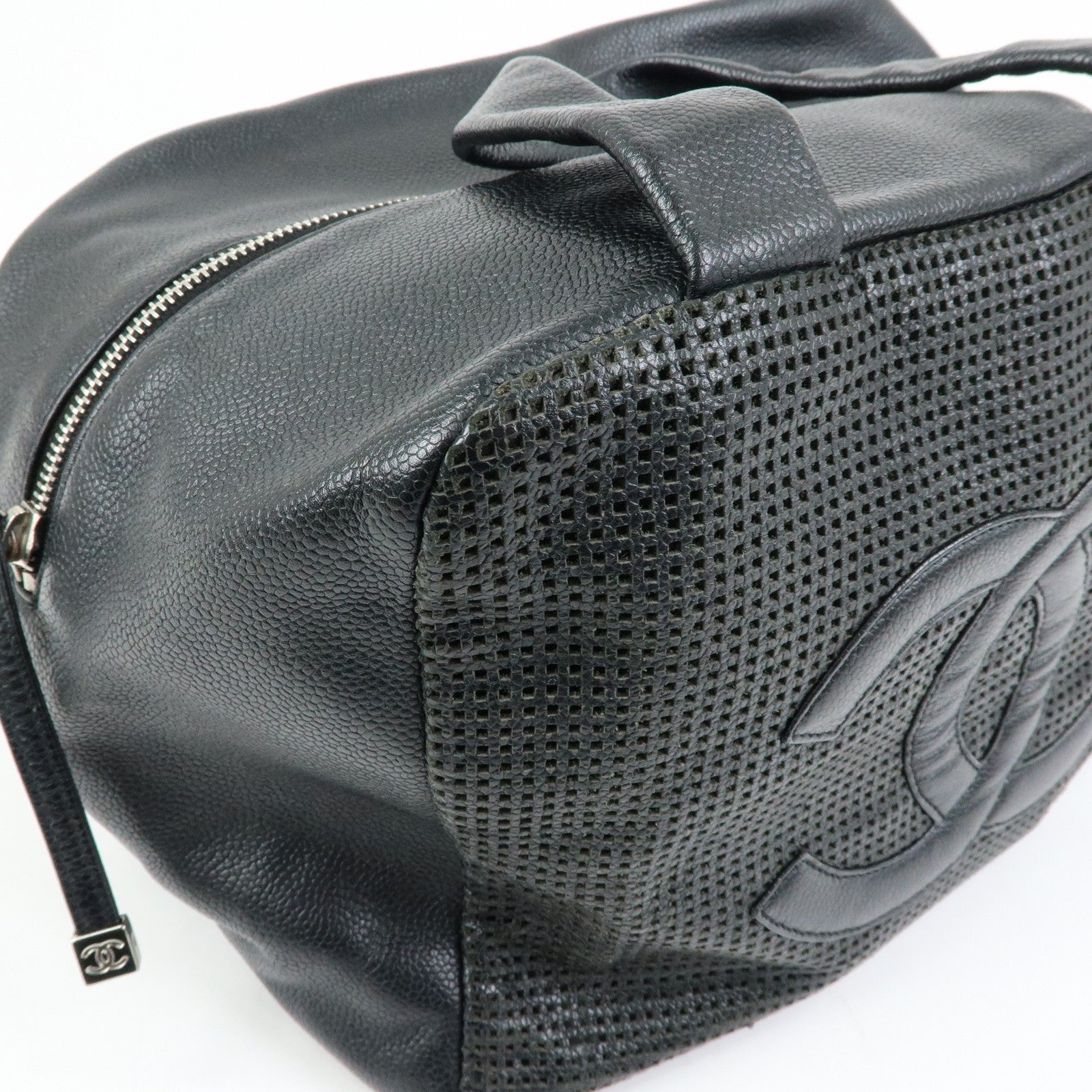 CHANEL COCO Mark Caviarskin Punching Boston Bag Hand Bag Black