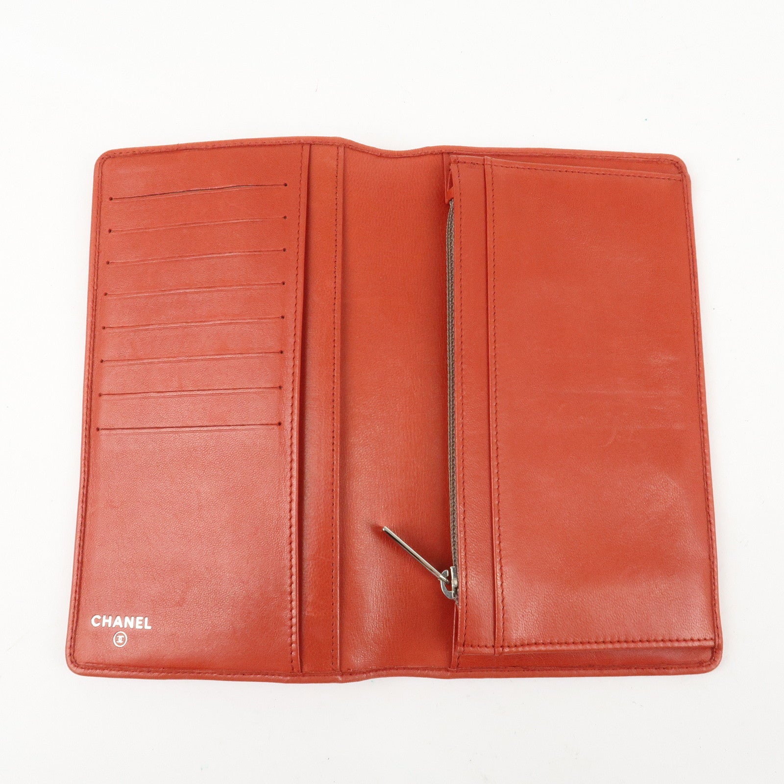 CHANEL Mademoiselle COCO Mark Lamb Skin Long Wallet Red Used