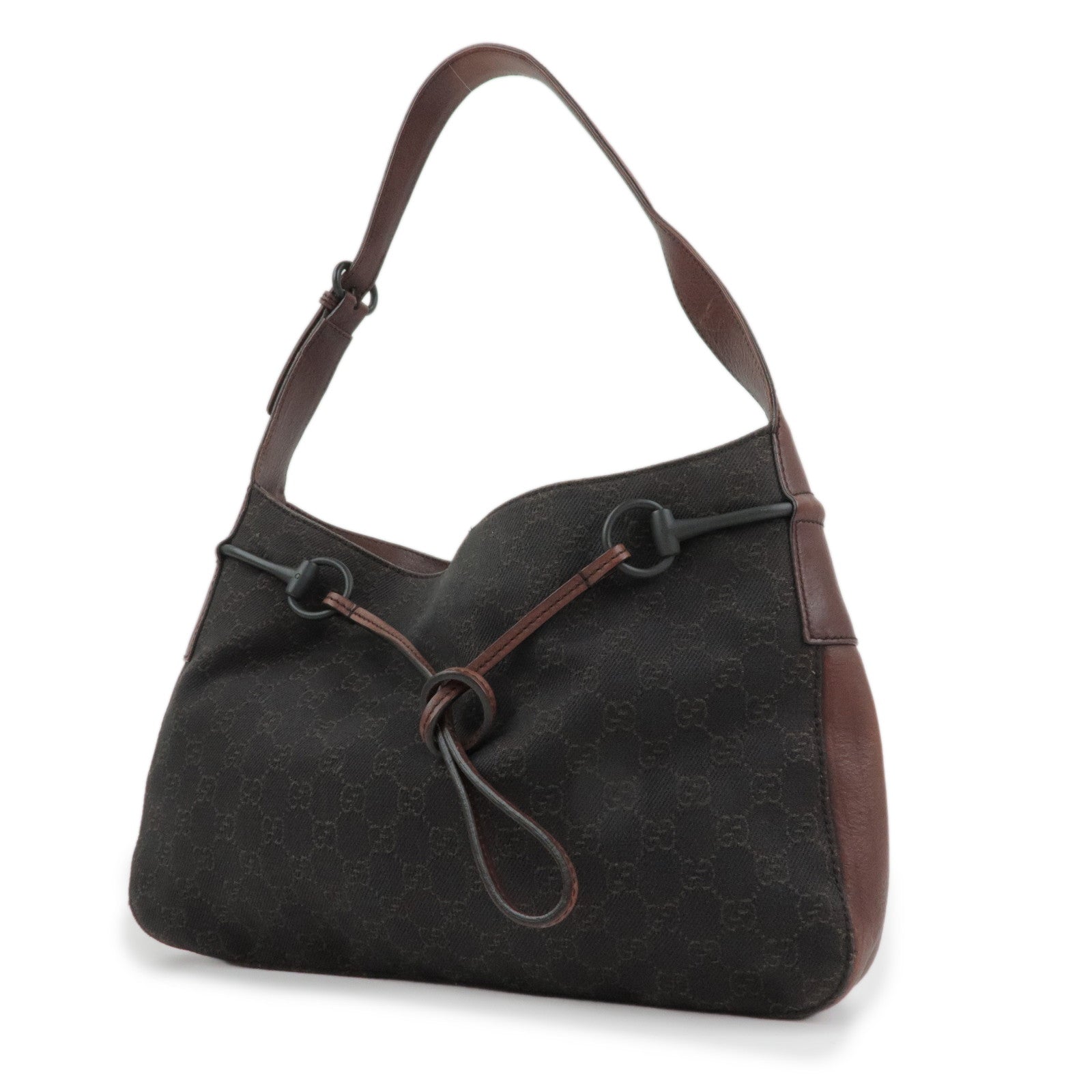GUCCI Horsebit GG Monogram Leather Shoulder Bag Dark Brown 17325