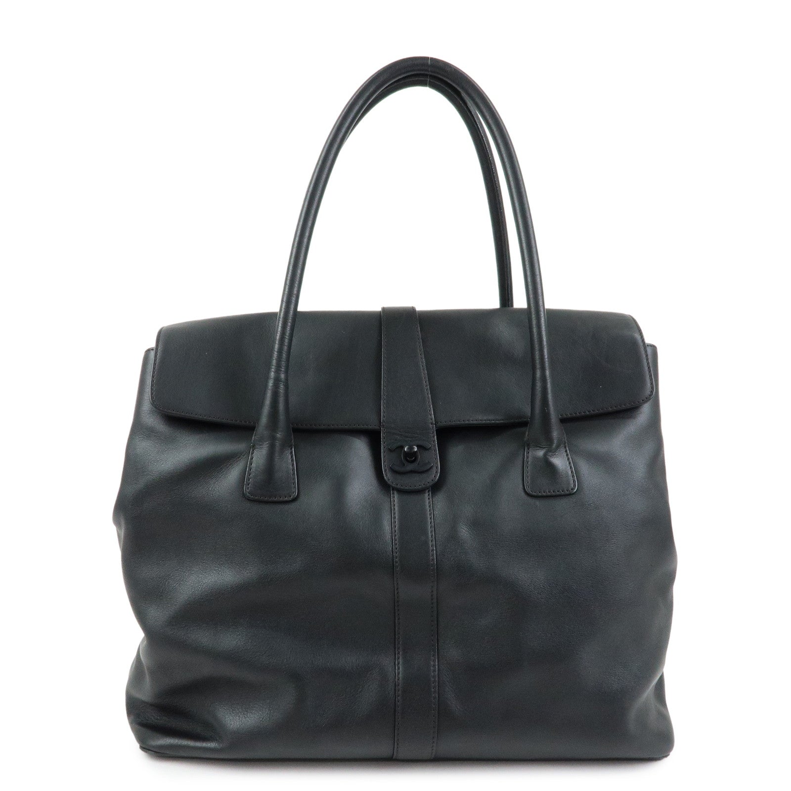 CHANEL COCO Mark Calf Leather Boston Bag Hand Bag Black