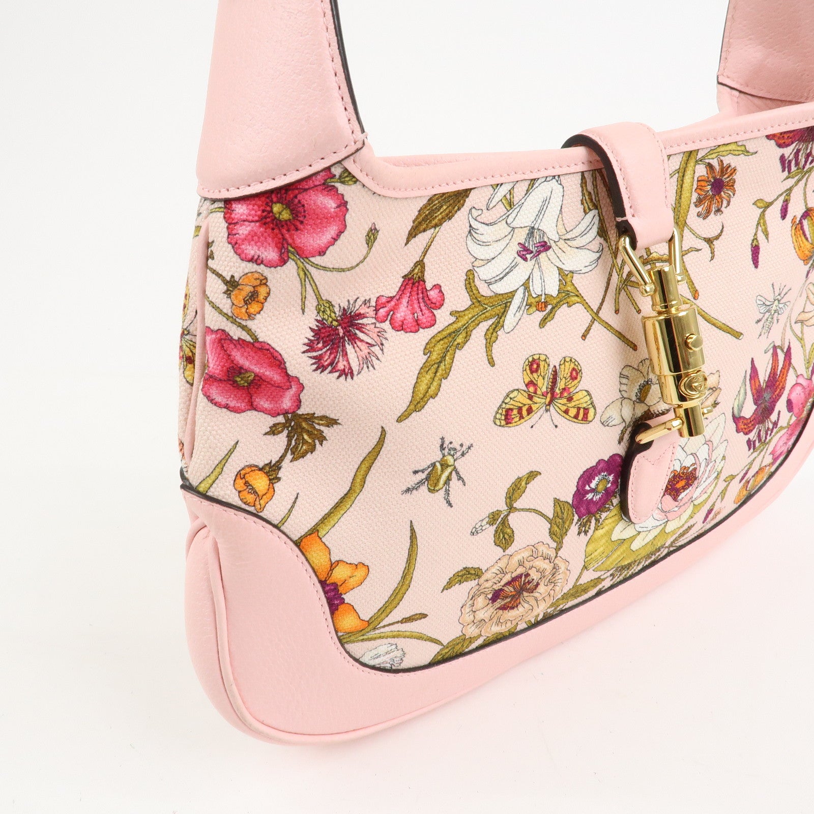 GUCCI New Jackie Flora Canvas Leather Shoulder Bag Hand Bag Pink 550152