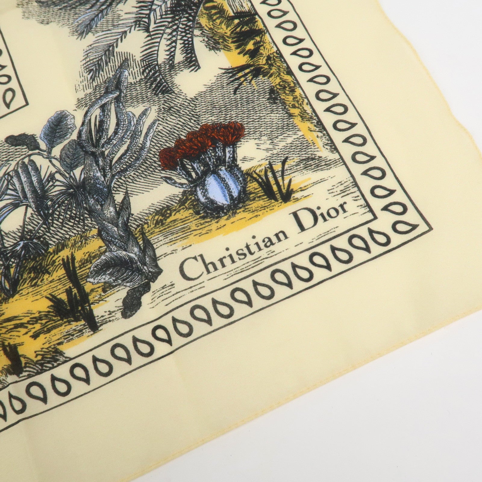 Christian Dior Cotton100％ Scarf Cactus Butterfly 55×55 Yellow Beige