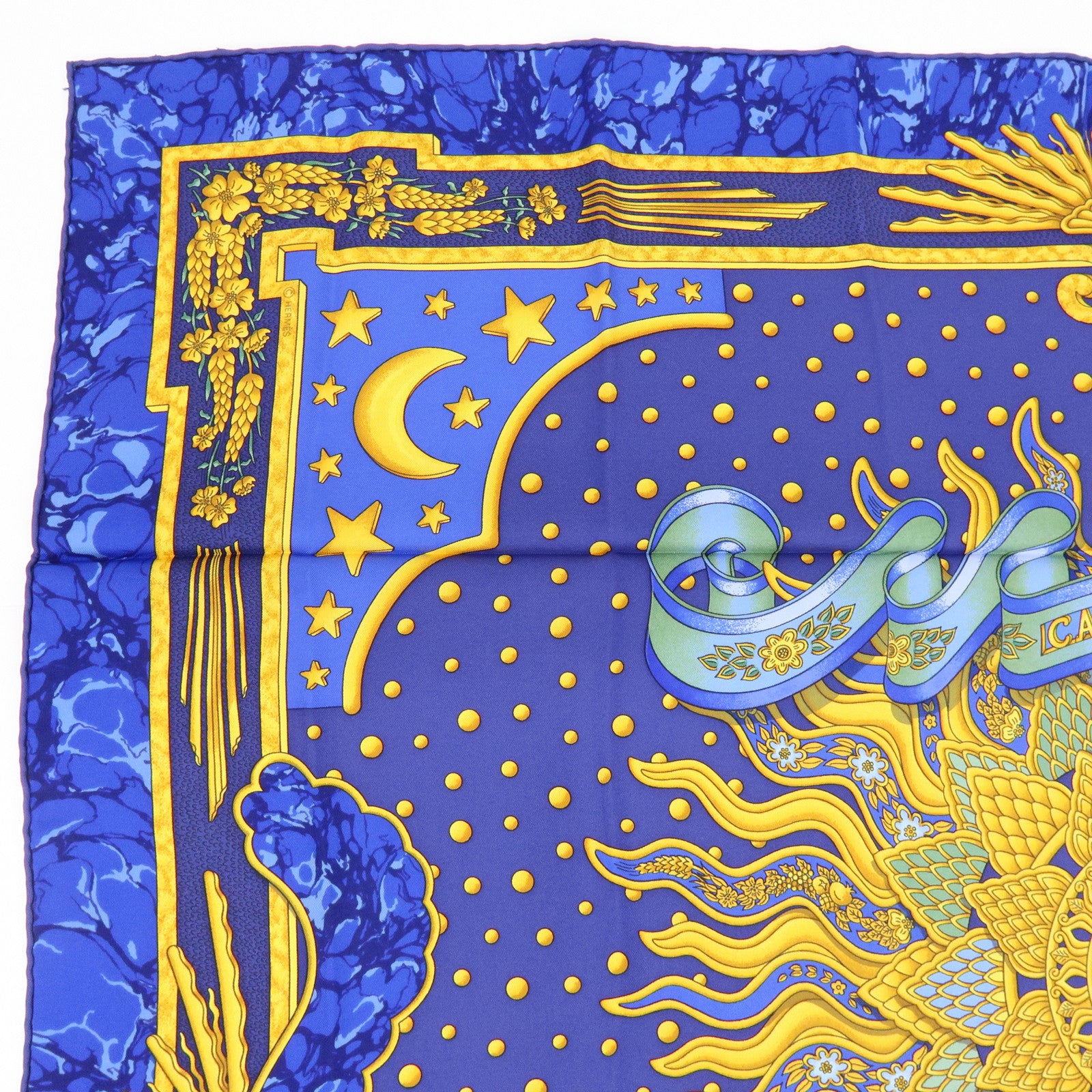 HERMES Carre 90 Silk 100% Scarf CARPE DIEM Blue Yellow