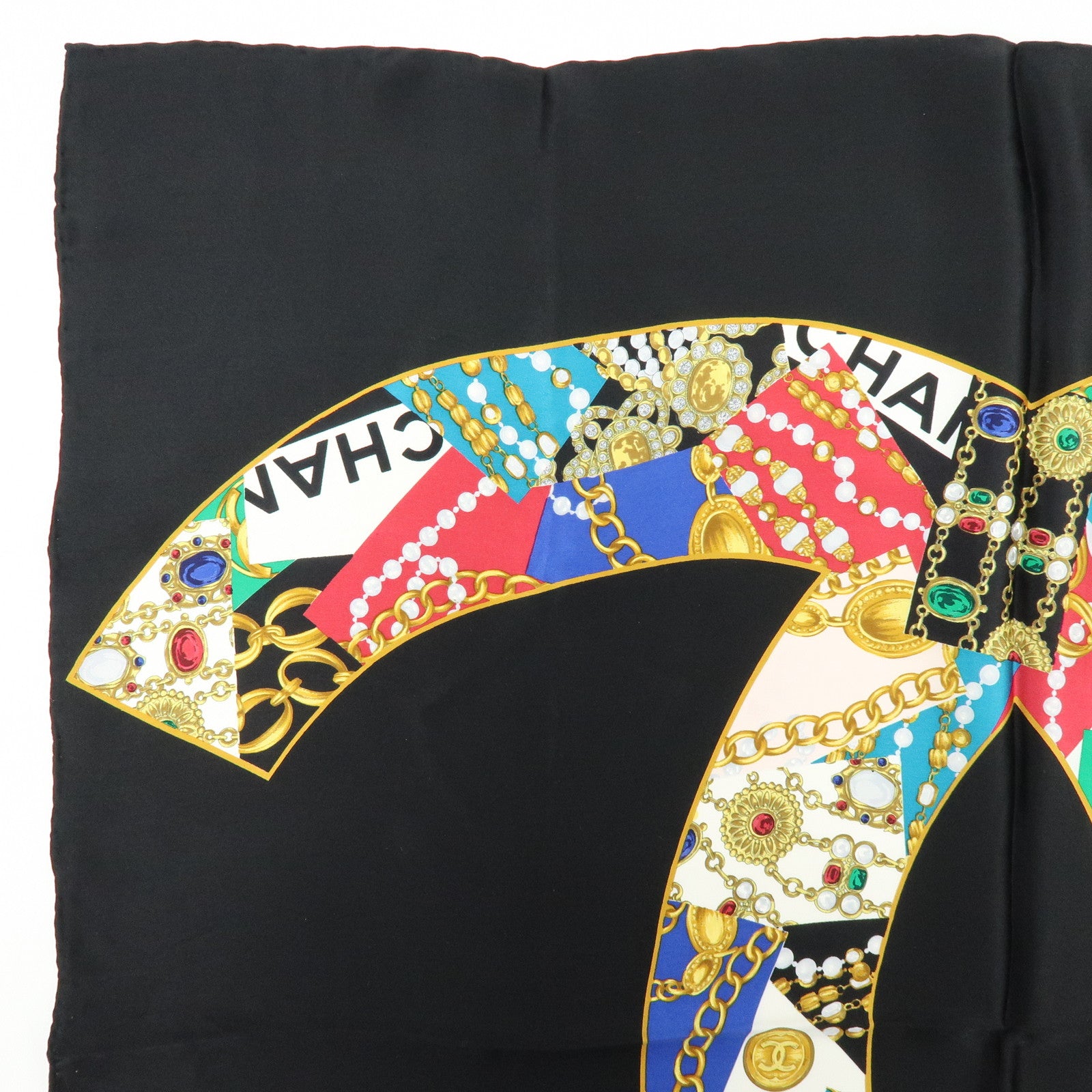 CHANEL COCO Mark Jewelry Motif Silk 100% Scarf Black Multicolor