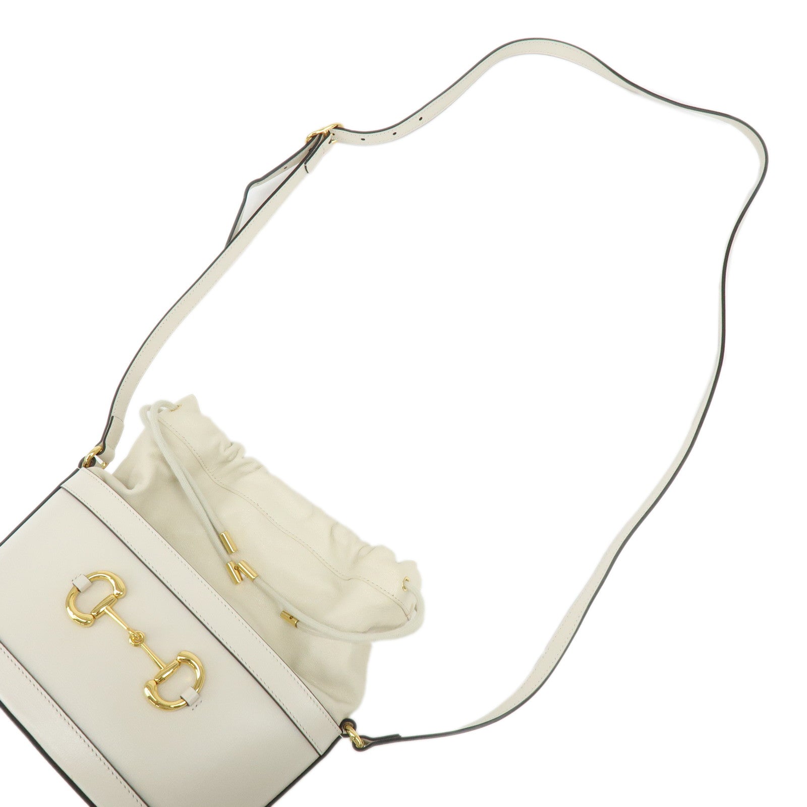 GUCCI Horsebit Leather Drawstring Bucket Shoulder Bag Ivory 602118