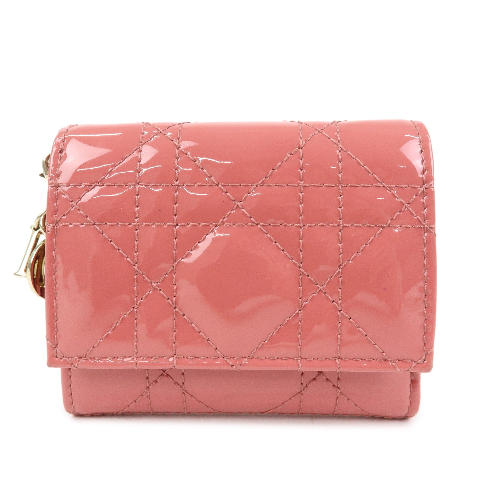 Christian Dior Cannage Patent Leather Bi-fold Compact Wallet Pink