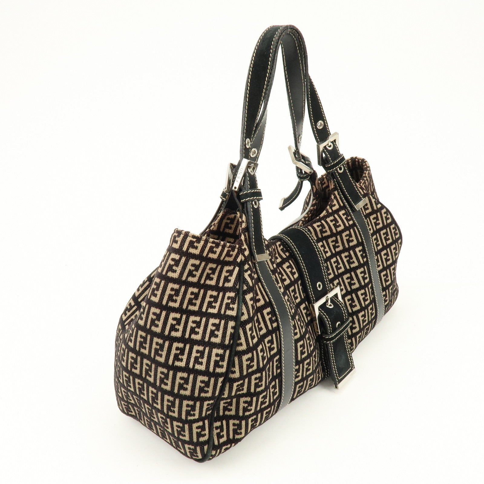 FENDI Zucchino Canvas Suede Leather Tote Bag Black Beige 8BR091
