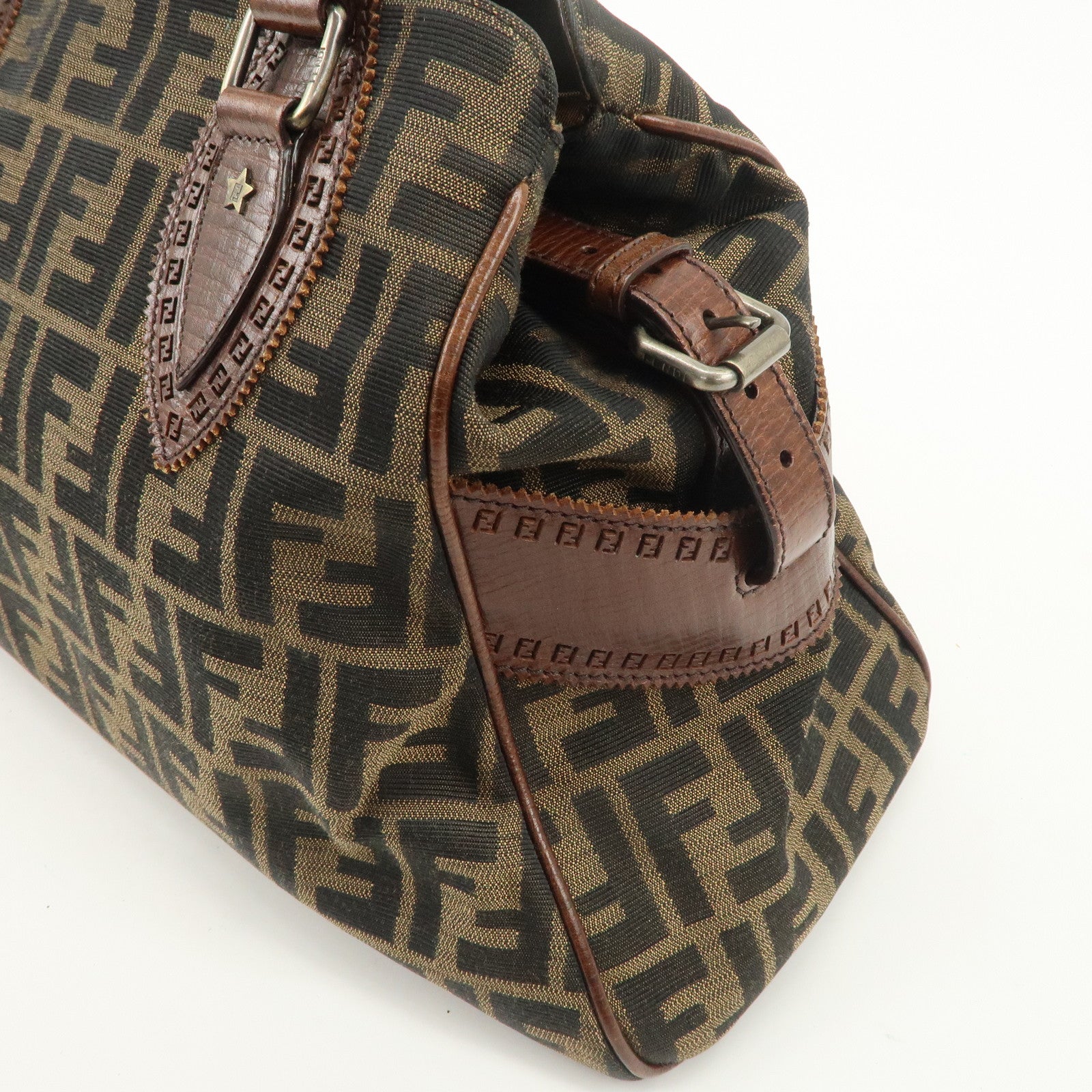 FENDI Zucca Canvas Leather Tote Bag Hand Bag Black Brown 8BN162 Used
