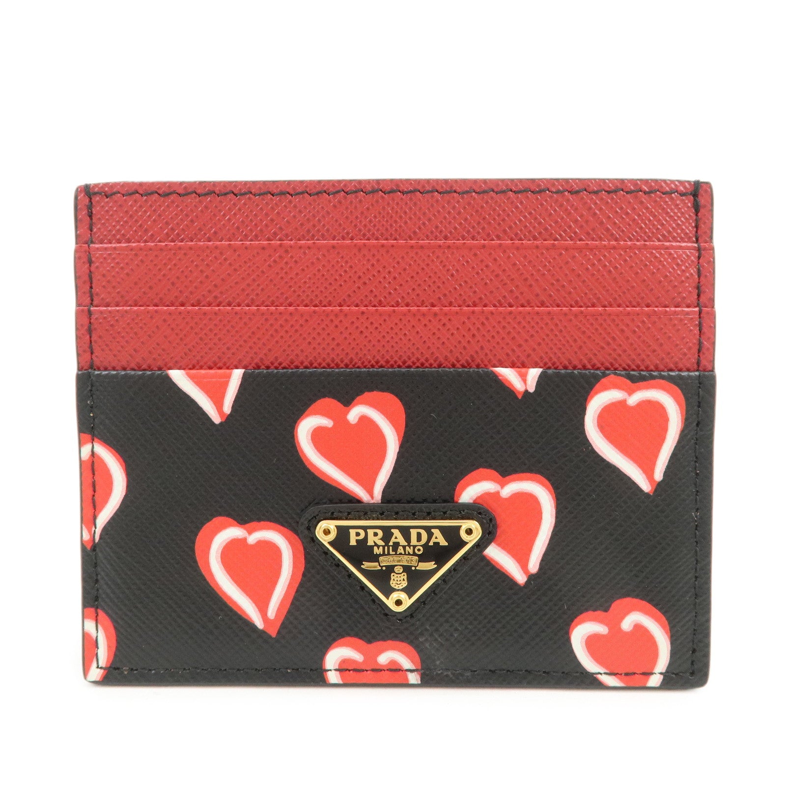 PRADA Triangle Logo Saffiano Leather Card Case Black Red 1MC025