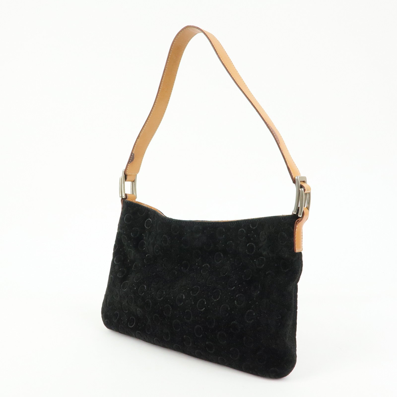 CELINE C Macadam Suede Leather Shoulder Bag Black Brown