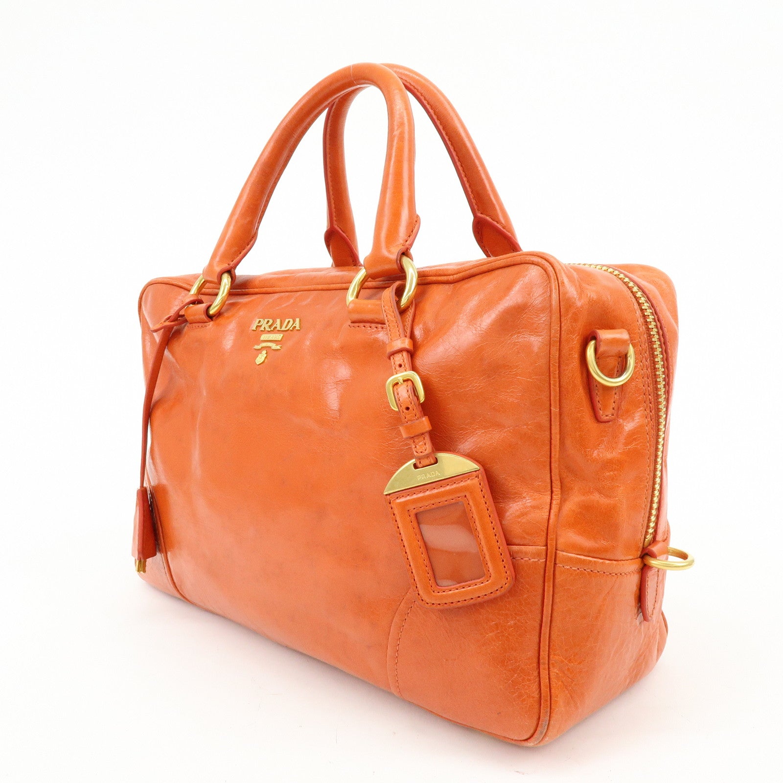 PRADA Logo Leather Boston Bag Hand Bag Shoulder Bag Orange BL0821
