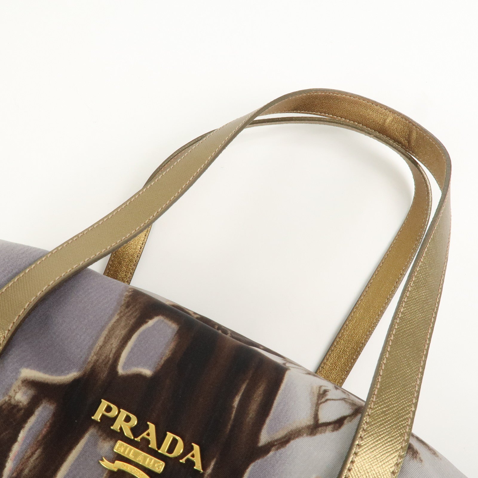 PRADA Logo Nylon Leather Boston Bag Shoulder Bag Gray Gold BL0567