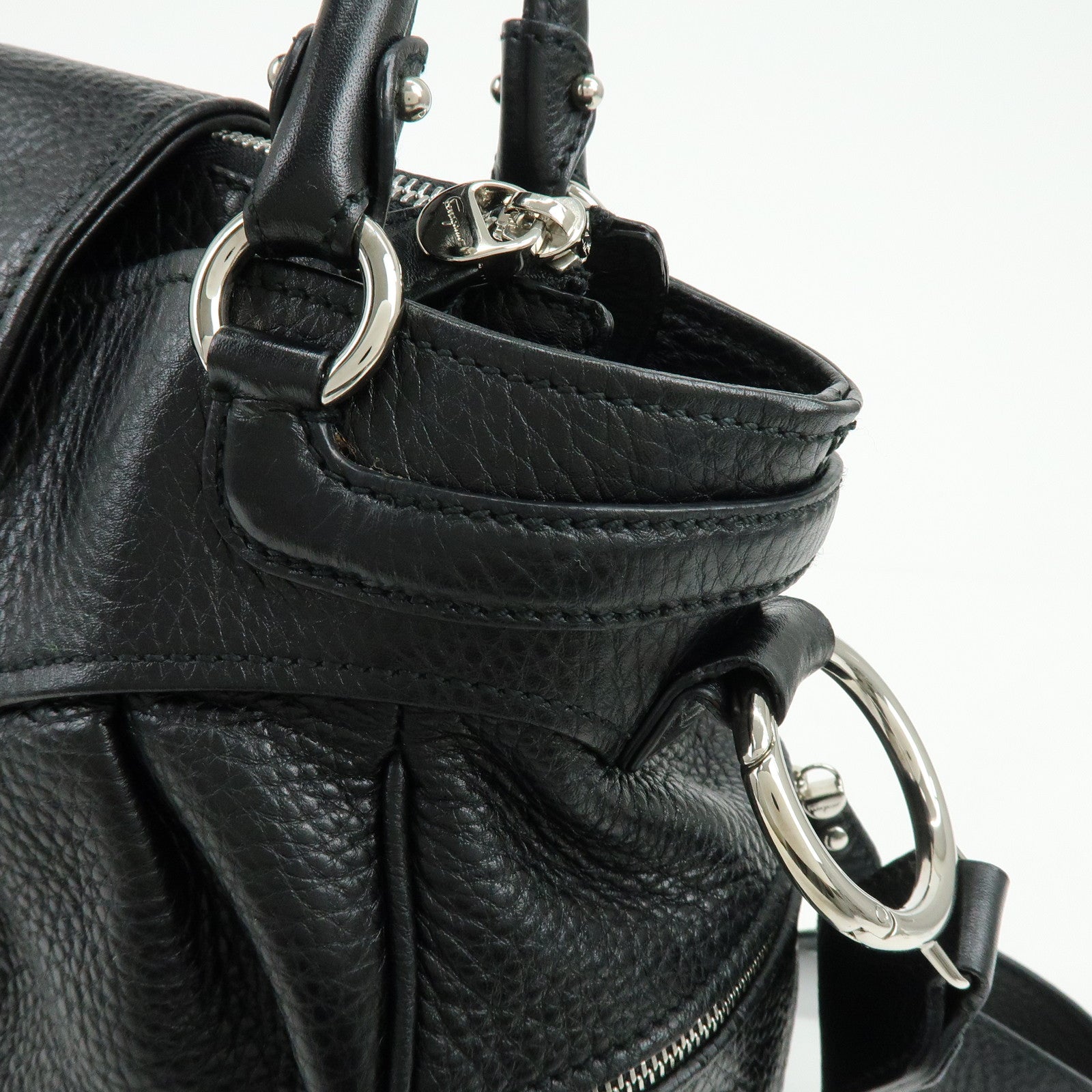 Ferragamo Gancini Leather 2Way Bag Hand Bag Shoulder Bag Black