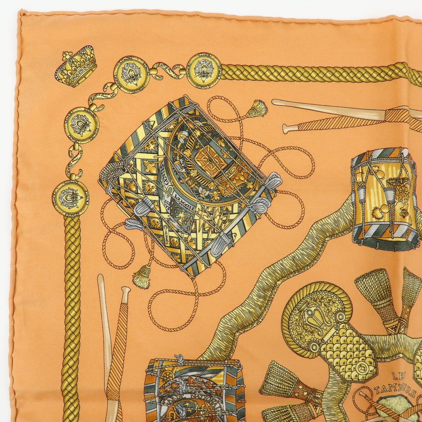 HERMES Carre 45 Silk 100% Scarf LES TAMBOURS Drum Print Orange Gold