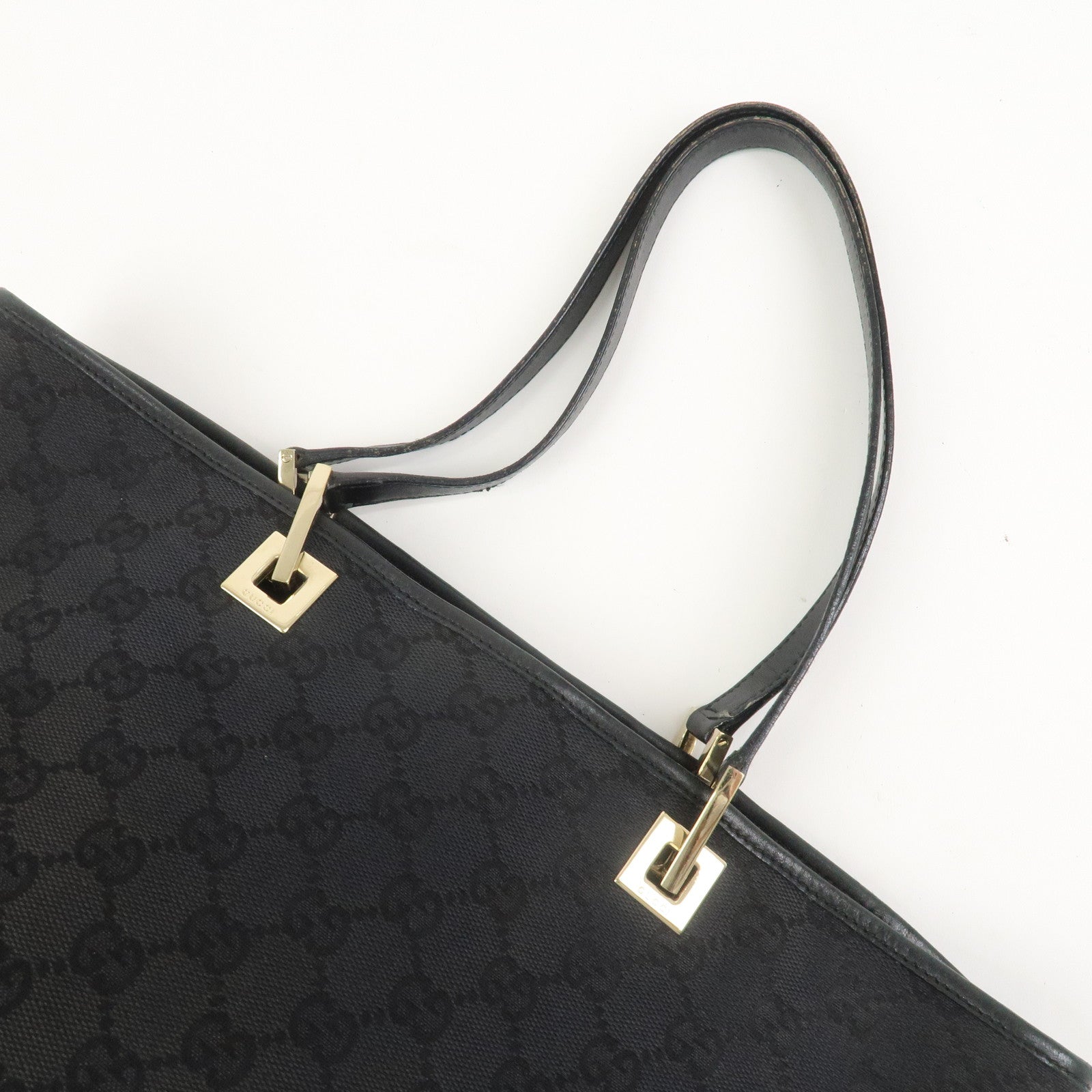 GUCCI GG Canvas Leather Tote Bag Hand Bag Black 002・1098
