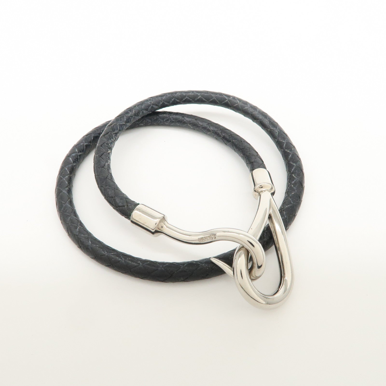 HERMES Leather Metal Jumbo Choker Bracelet Black