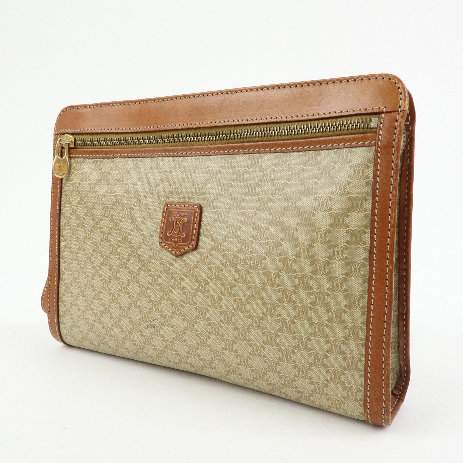 CELINE Macadam PVC Leather Clutch Bag Pouch Beige Brown