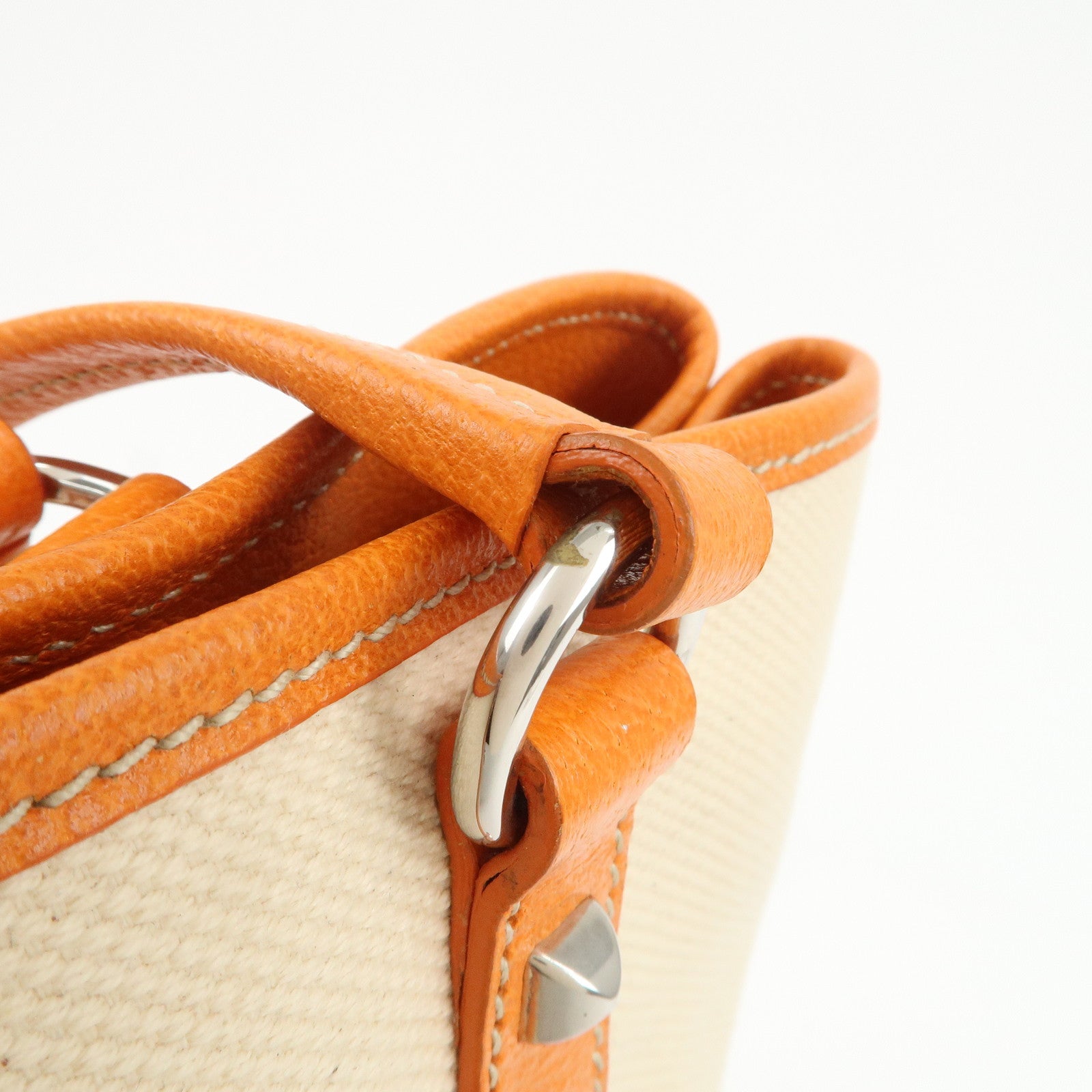 PRADA Triangle Logo Canvas Leather Tote Bag Natural Orange BR2920