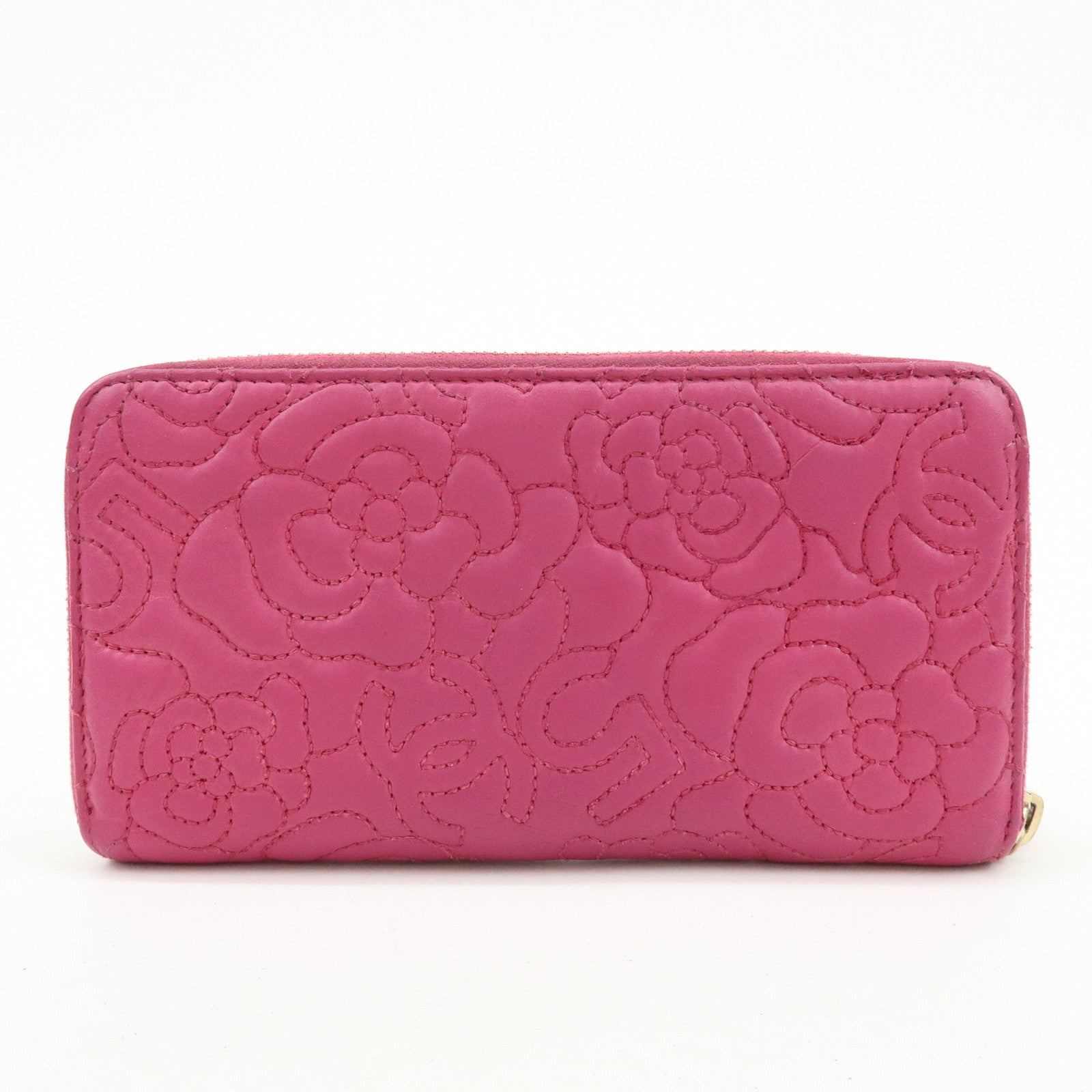 CHANEL Camellia No.5 COCO Mark Calf Leather Zippy Long Wallet Pink