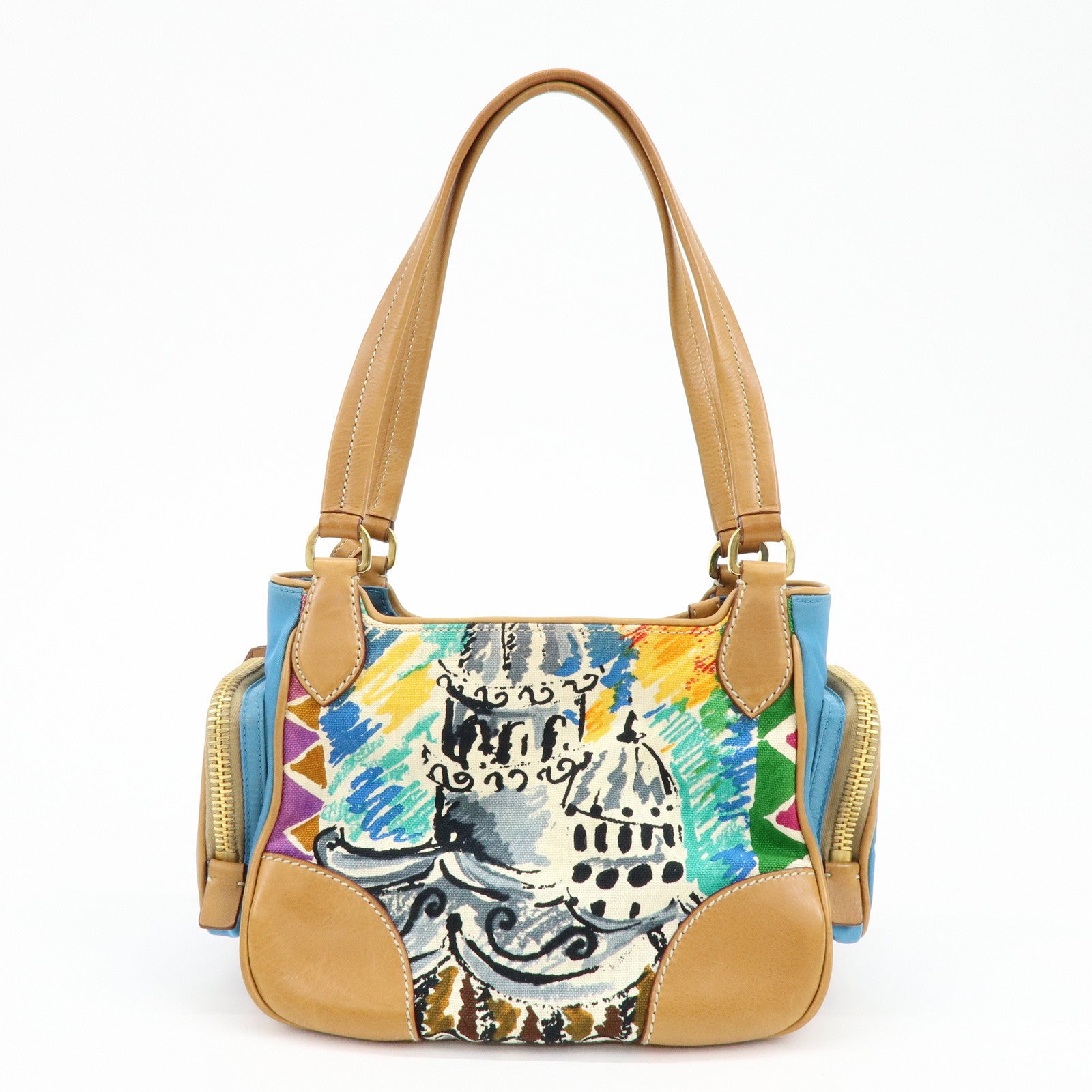 PRADA Triangle Logo Canvas Leather Hand Bag Light Brown Blue