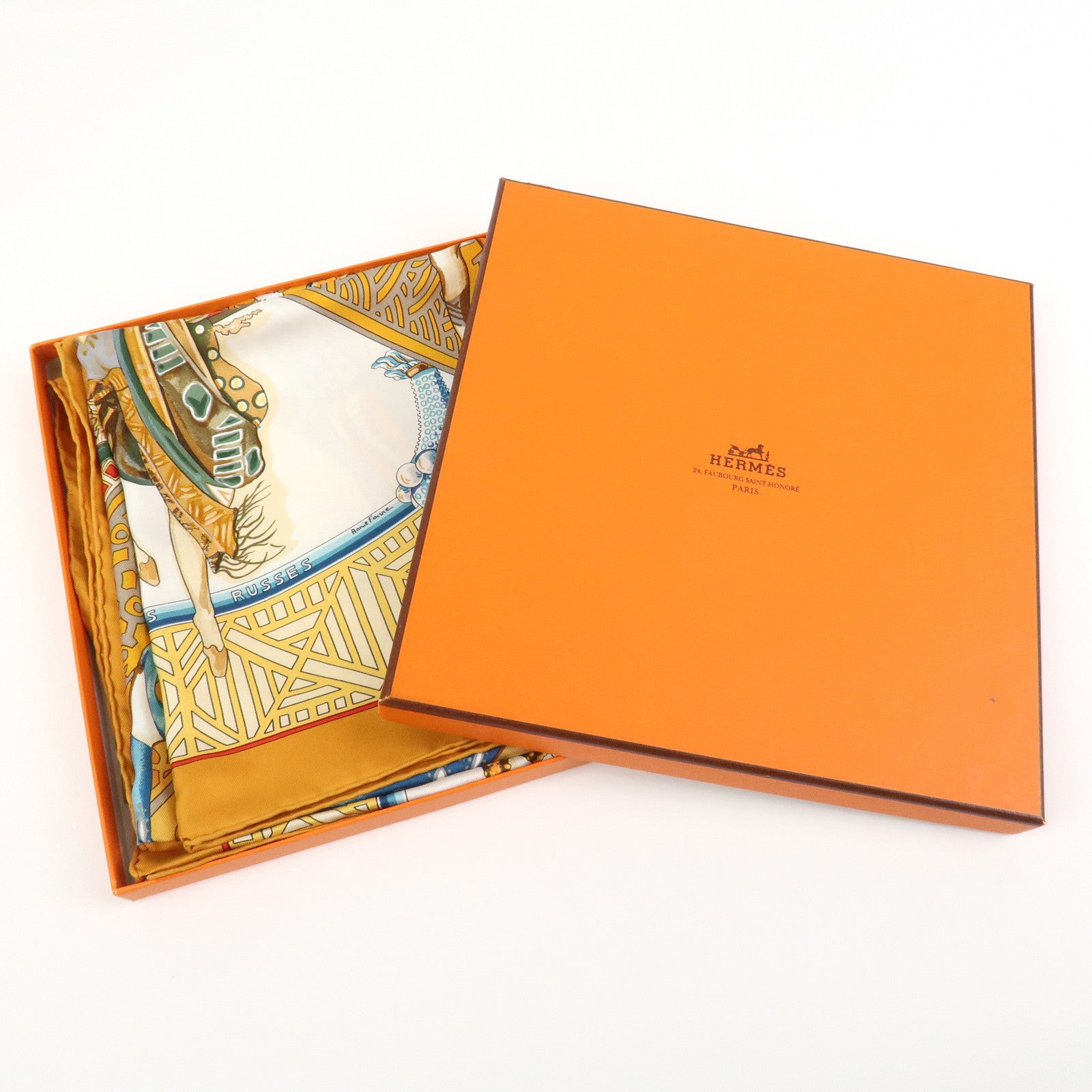 HERMES Carre 90 Silk 100% Scarf LES BALLETS RUSSES Orange